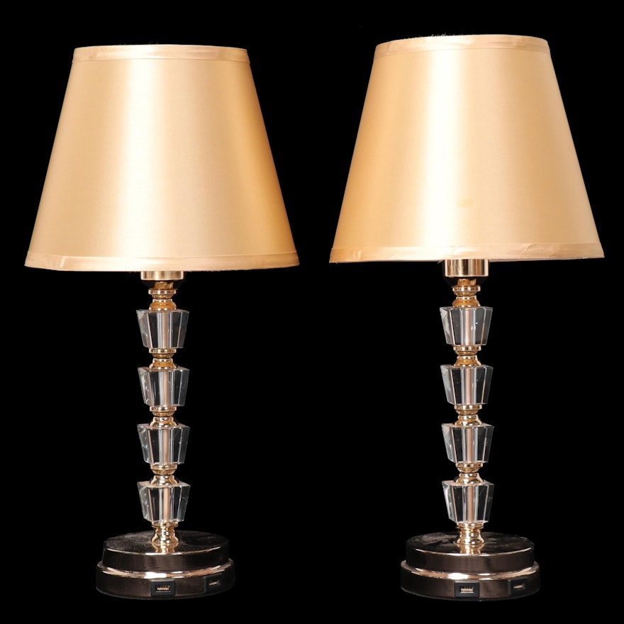 Pair of Lacquered Brass Finish Metal and Glass Touch Lamps With USB Ports