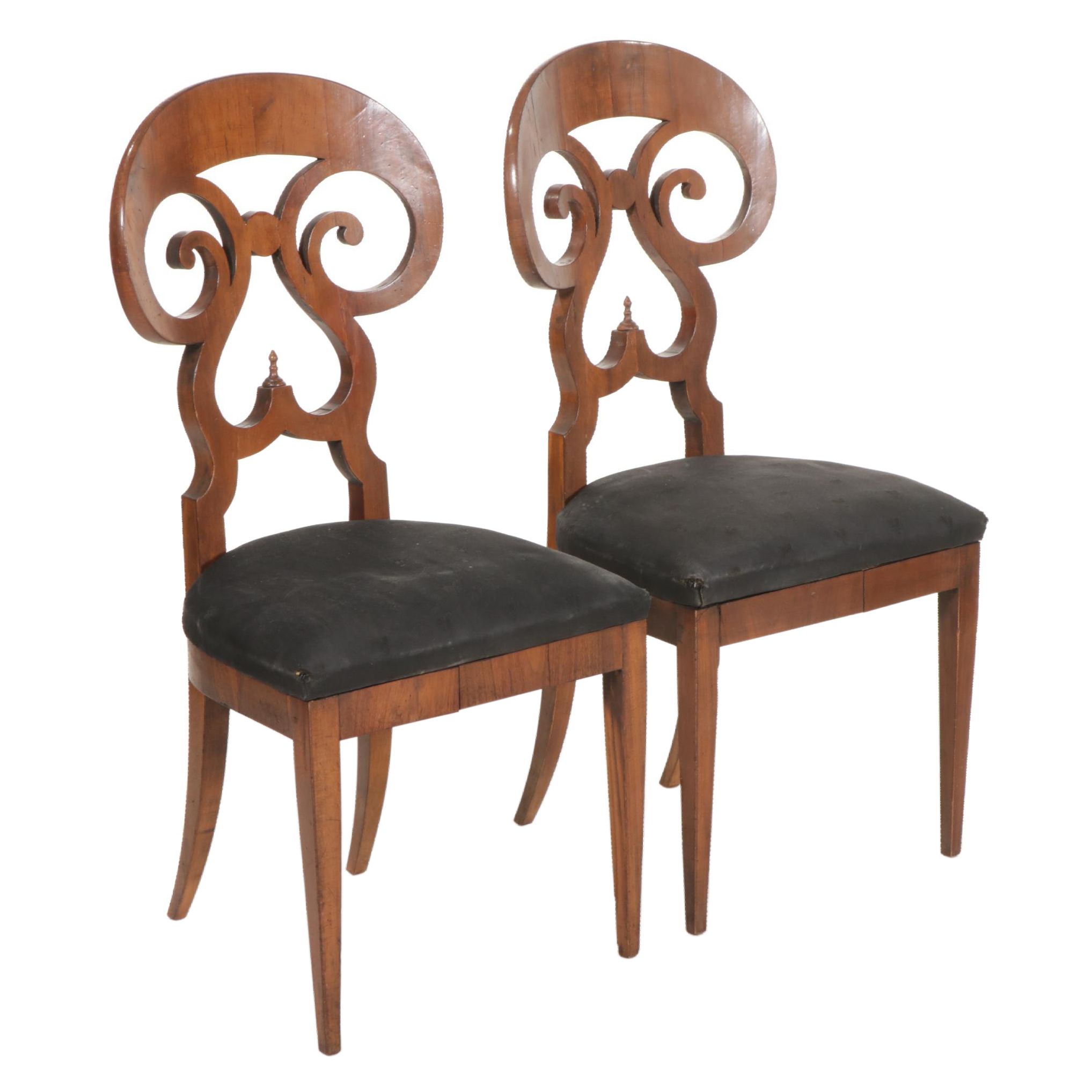 Pair of Biedermeier Fruitwood Scroll Back Side Chairs, 19th Century
