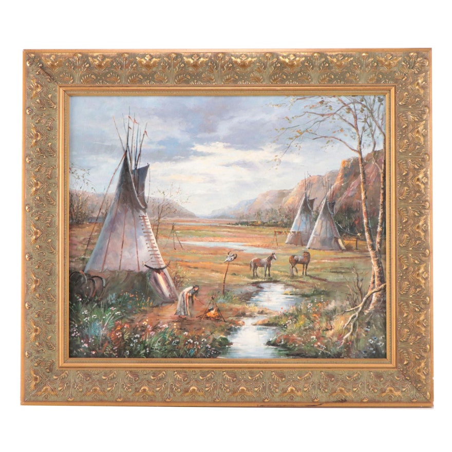 Oil Painting of Encampment Scene, Late 20th Century