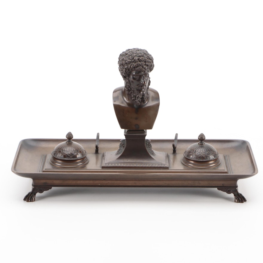 F. Barbedienne Neoclassical Style Bronze Plato Bust Double Inkwell, Late 19th C.