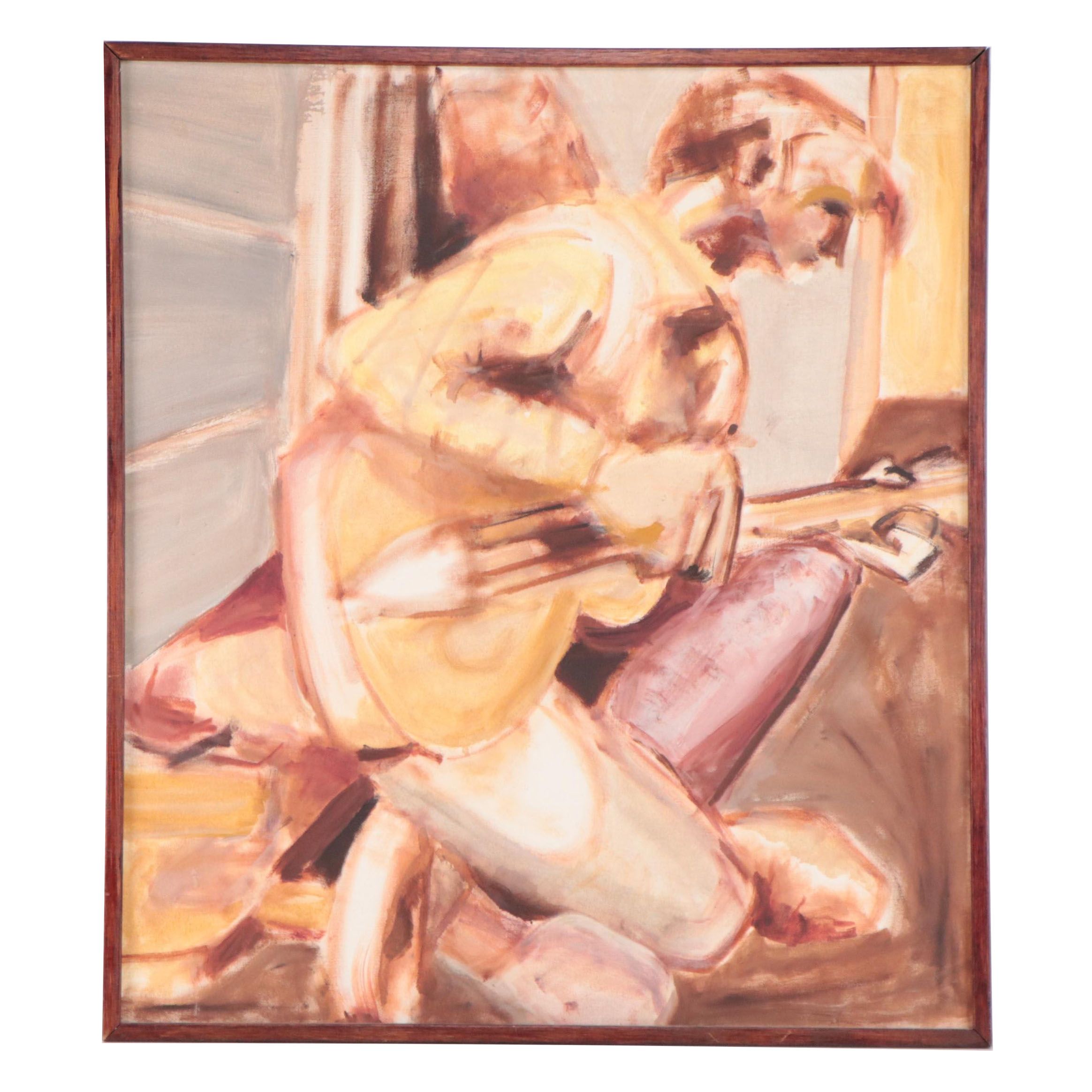 Oil Painting of Figure Playing Guitar, Mid-20th Century