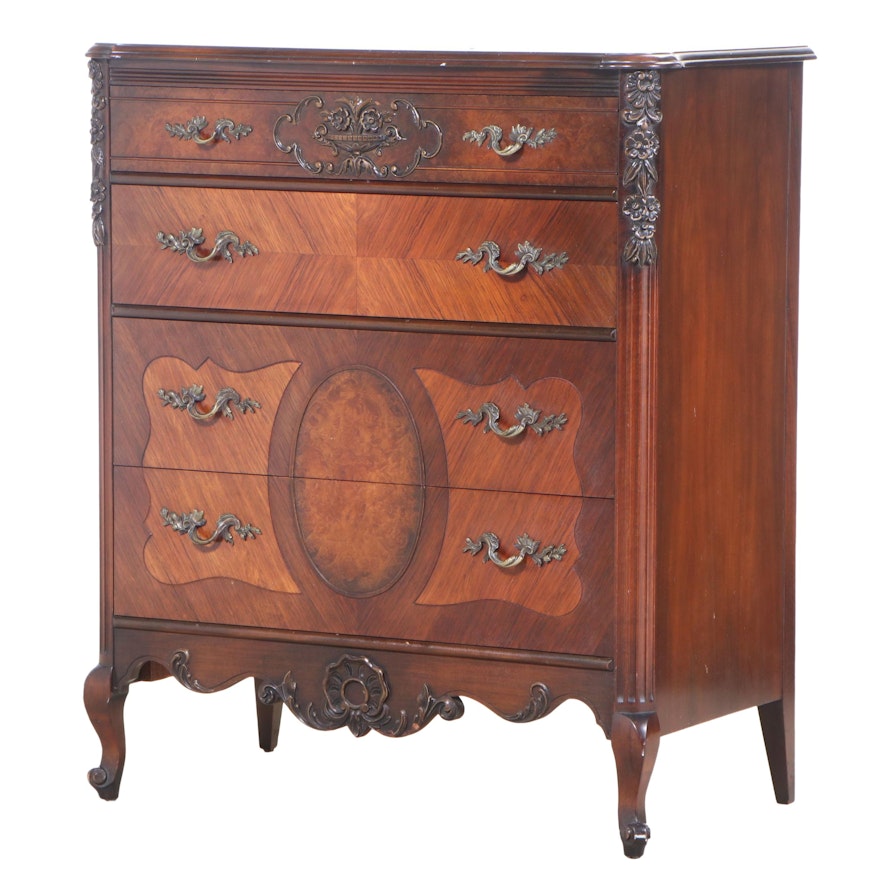 Johnson Furniture Co. Louis XV Style Walnut and Burl Walnut Four-Drawer Chest