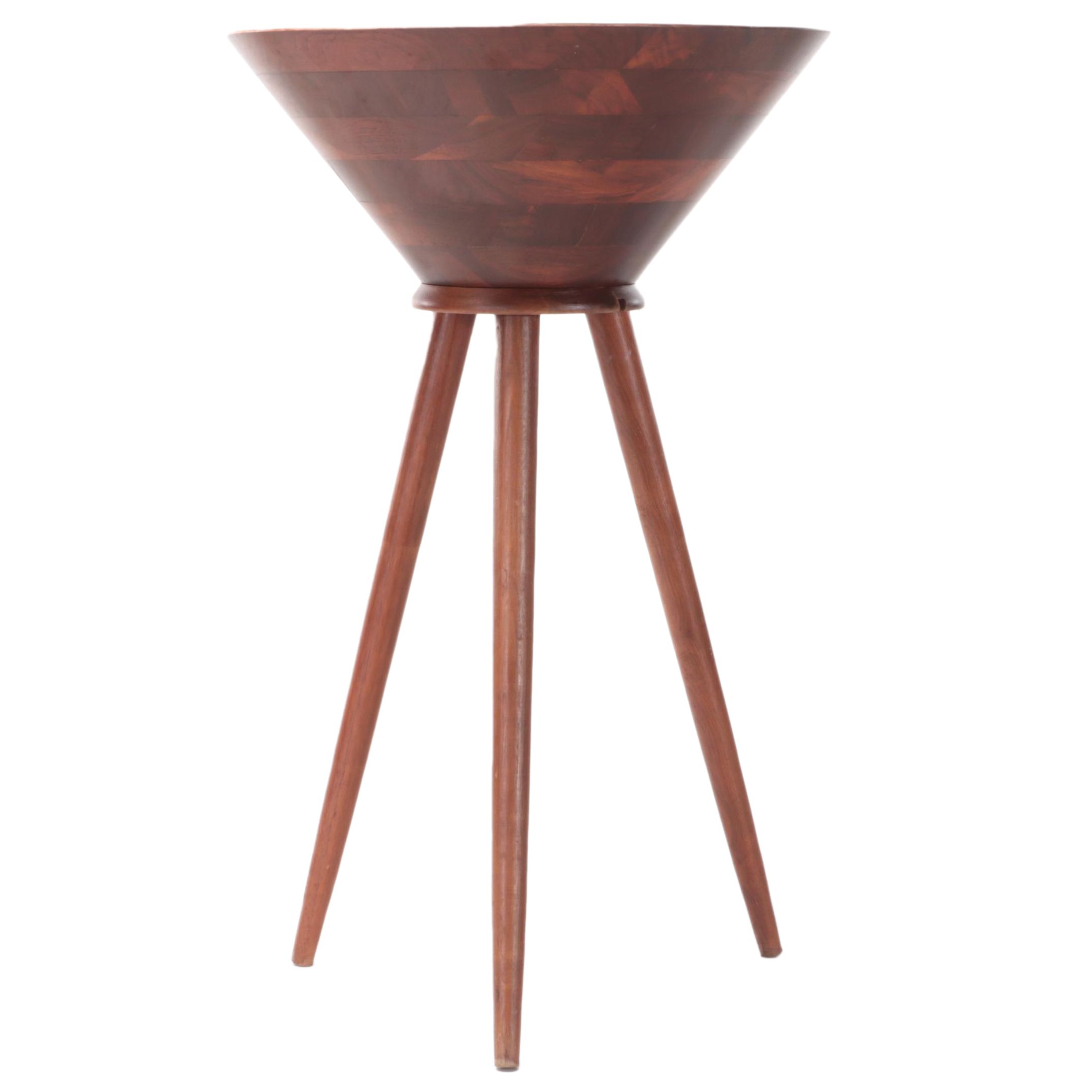 Vermillion Walnut Bowl with Tapered Tripod Stand, Mid-20th Century