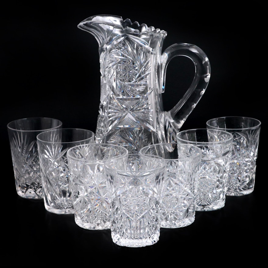 American Brilliant Style Cut Glass Pitcher and Tumblers, Early to Mid-20th C.