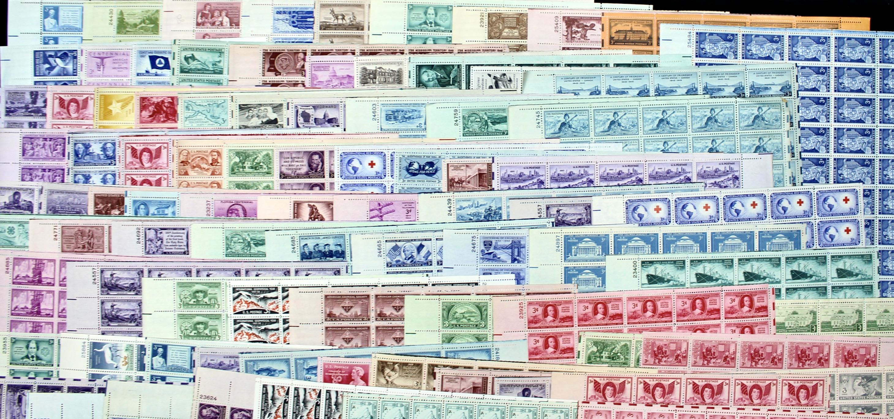 Eighty-Five U.S. 3-Cent Postage Stamp Sheets, 1940s and 1950s