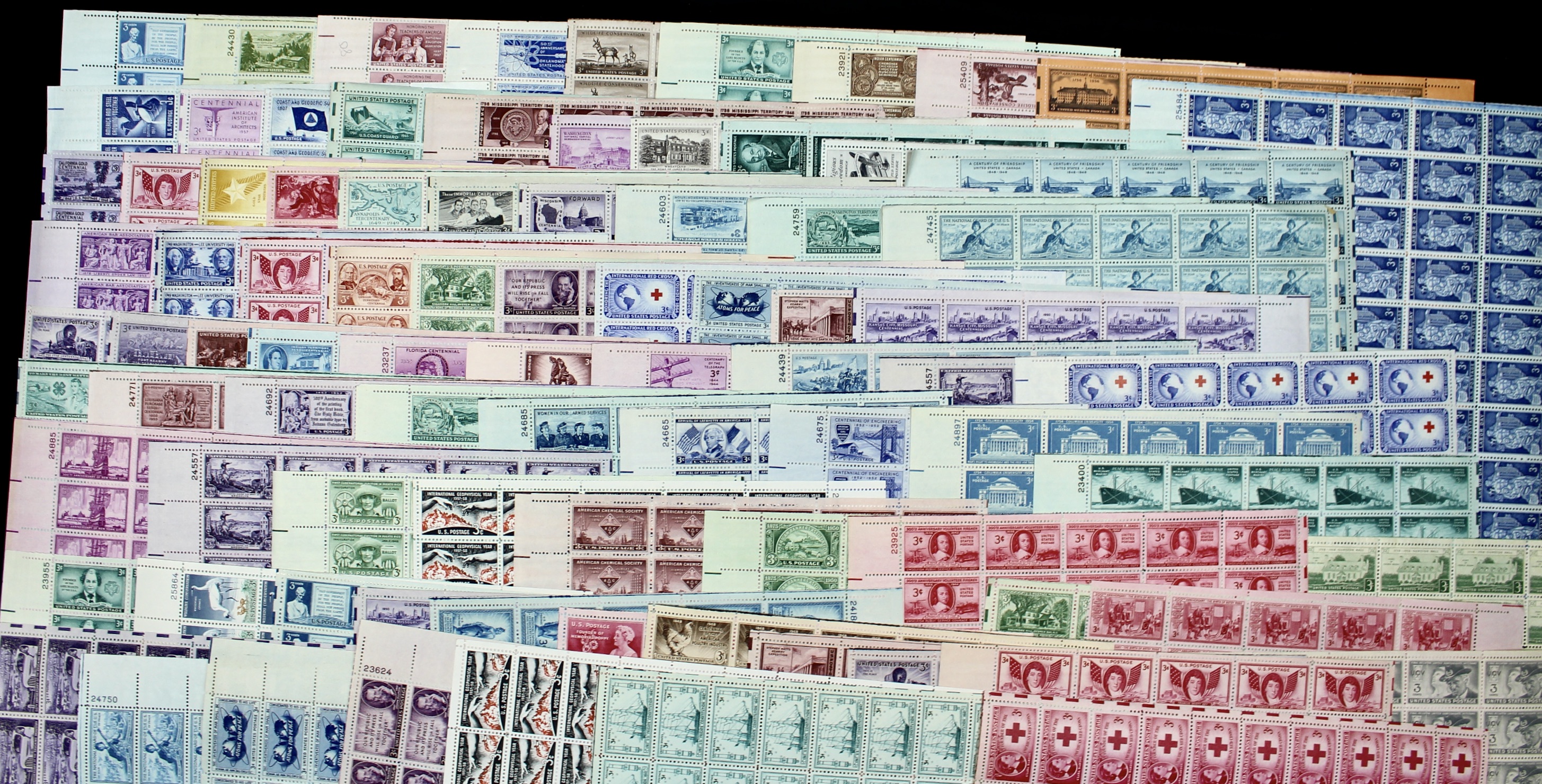 Eighty-Five U.S. 3-Cent Postage Stamp Sheets, 1940s and 1950s