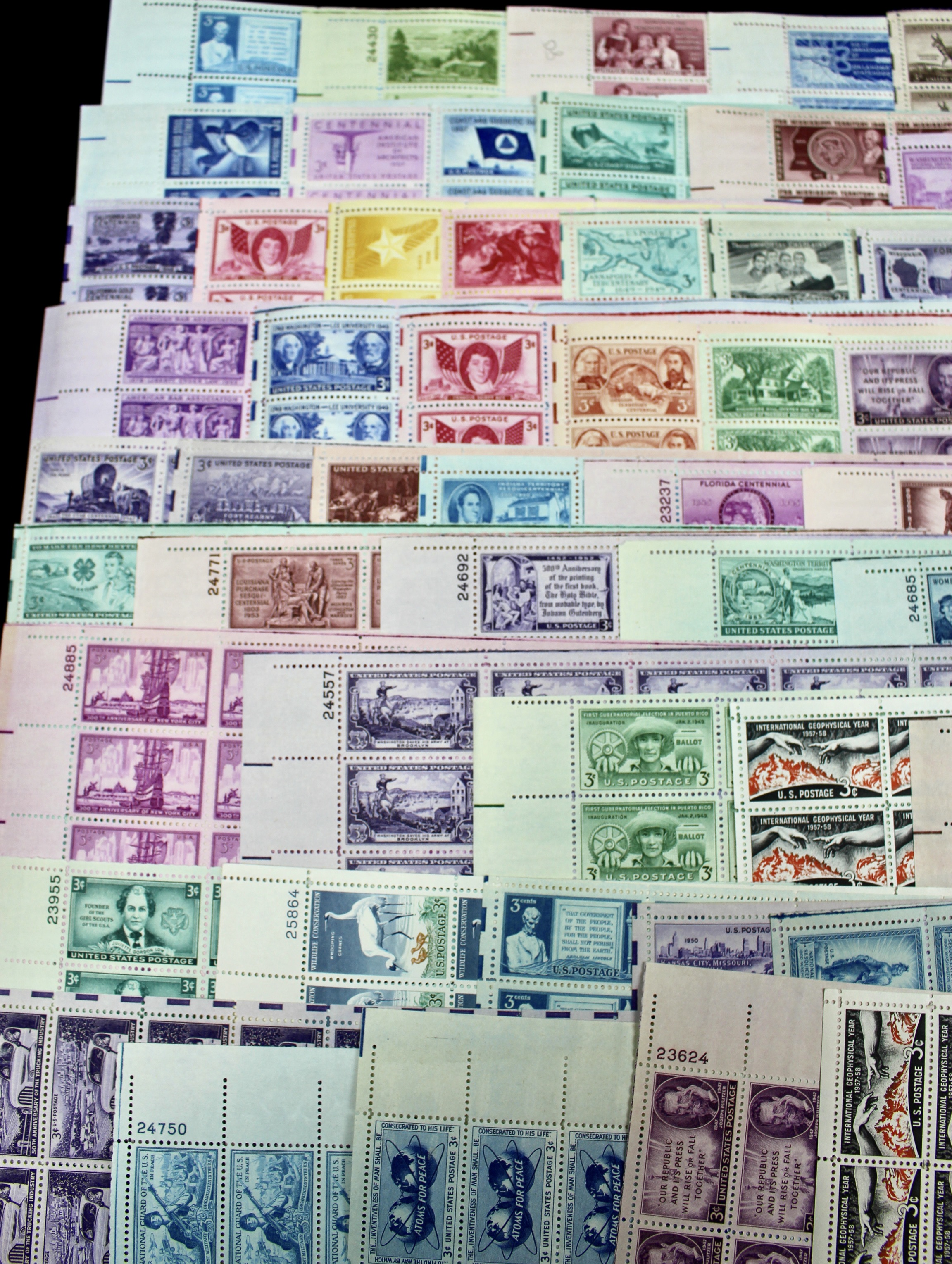Eighty-Five U.S. 3-Cent Postage Stamp Sheets, 1940s and 1950s