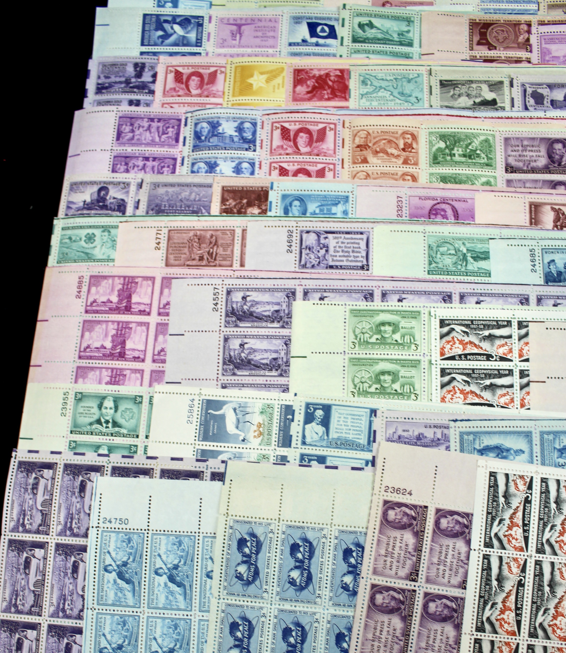 Eighty-Five U.S. 3-Cent Postage Stamp Sheets, 1940s and 1950s
