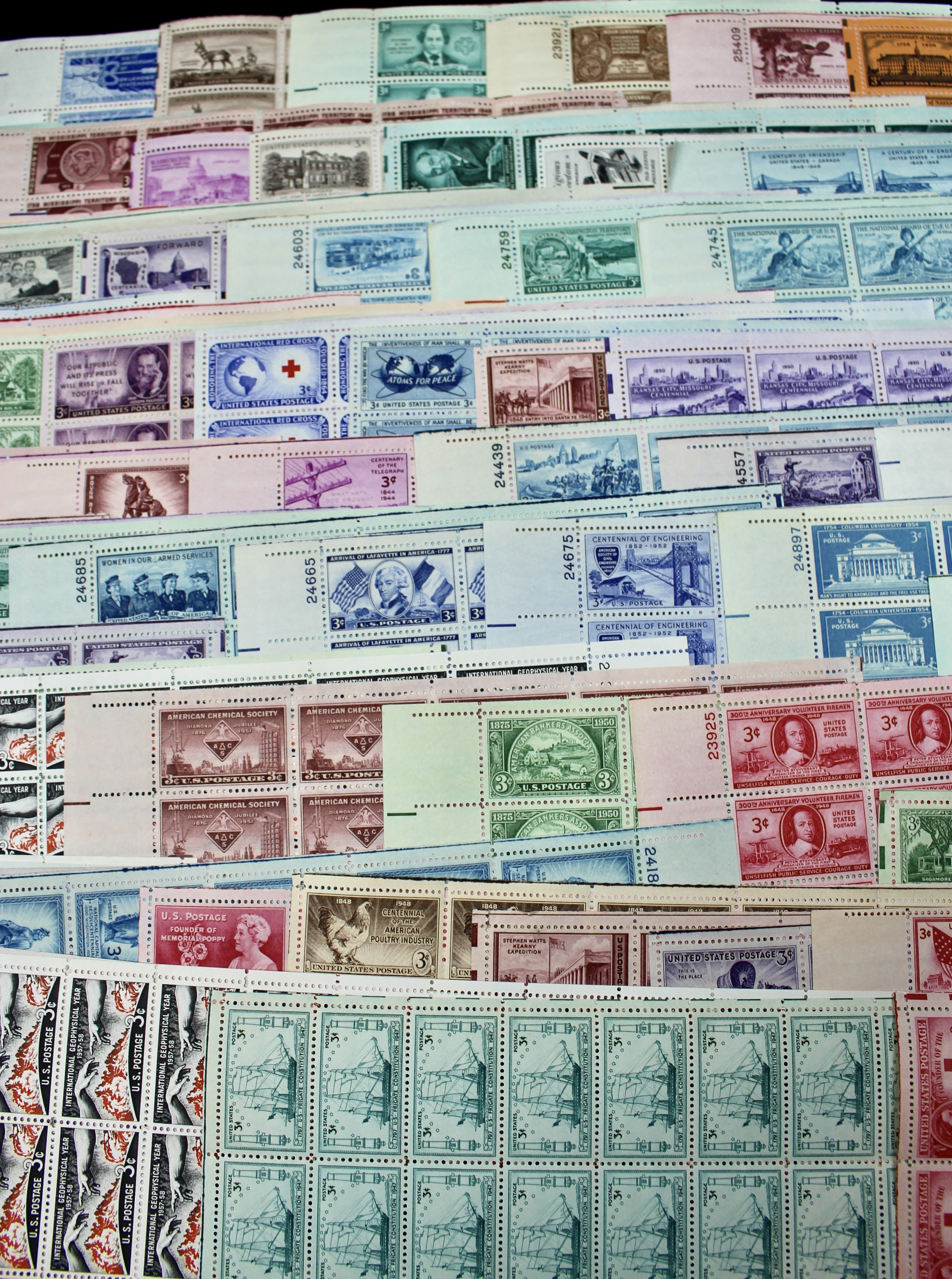 Eighty-Five U.S. 3-Cent Postage Stamp Sheets, 1940s and 1950s