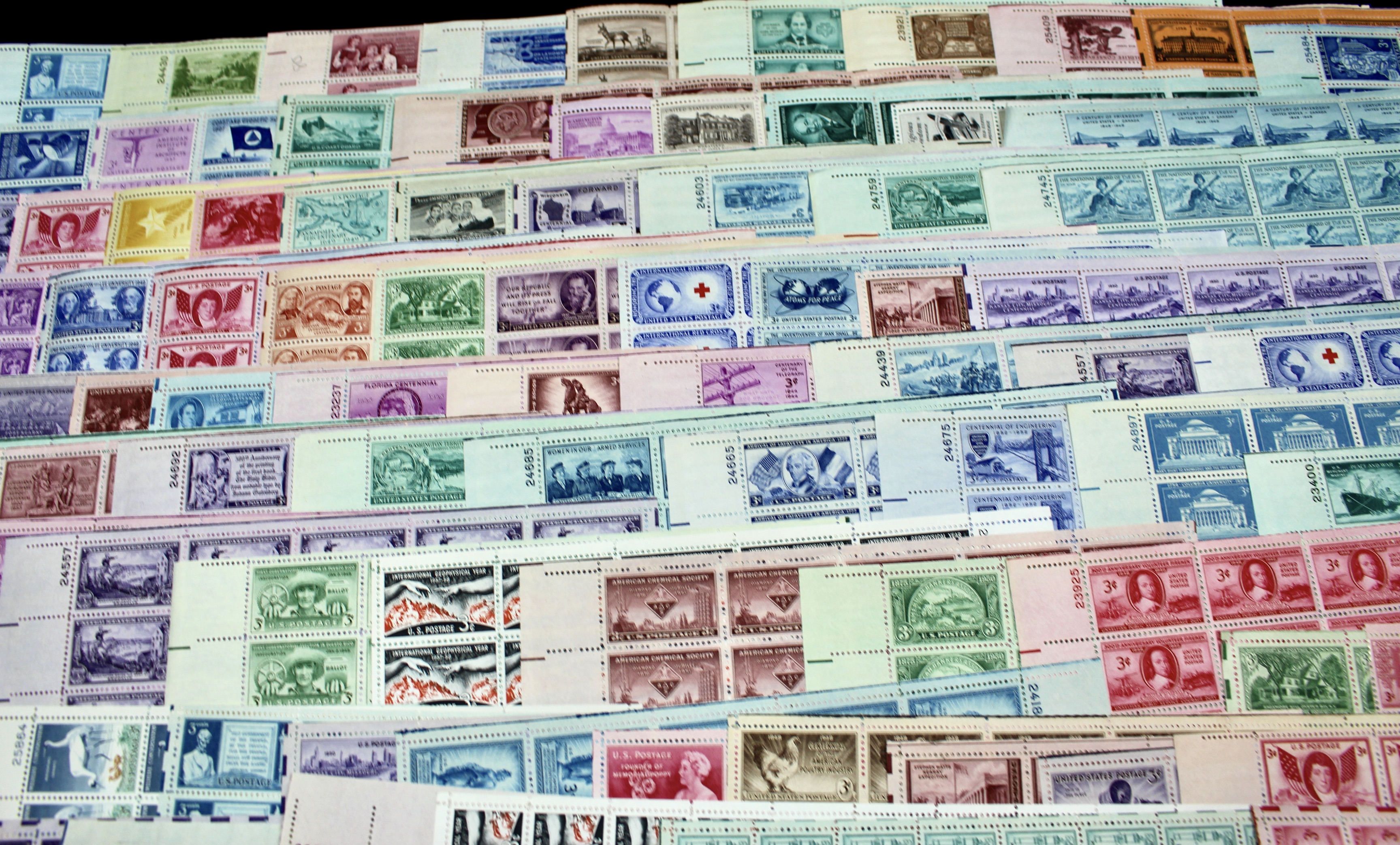 Eighty-Five U.S. 3-Cent Postage Stamp Sheets, 1940s and 1950s