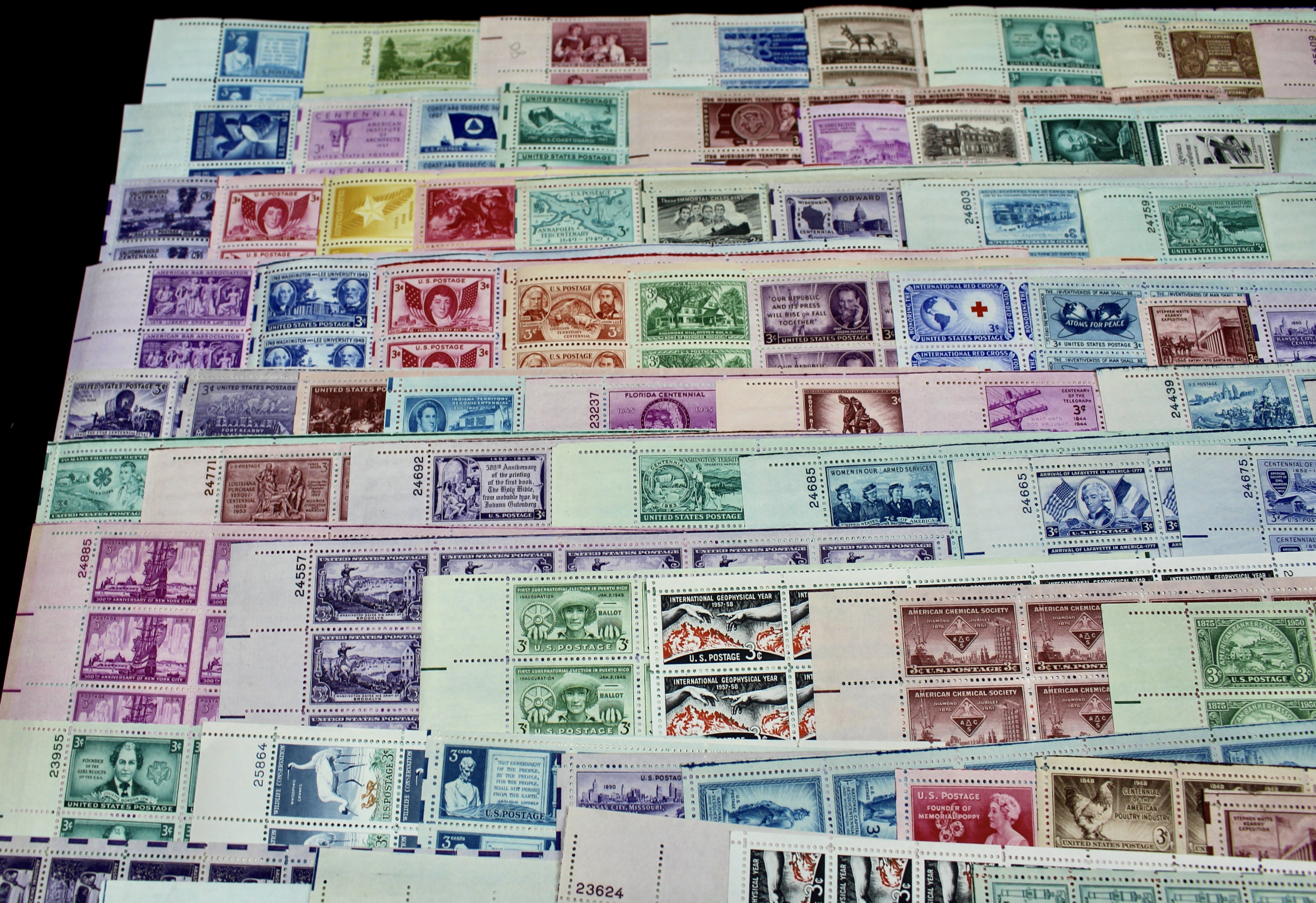 Eighty-Five U.S. 3-Cent Postage Stamp Sheets, 1940s and 1950s