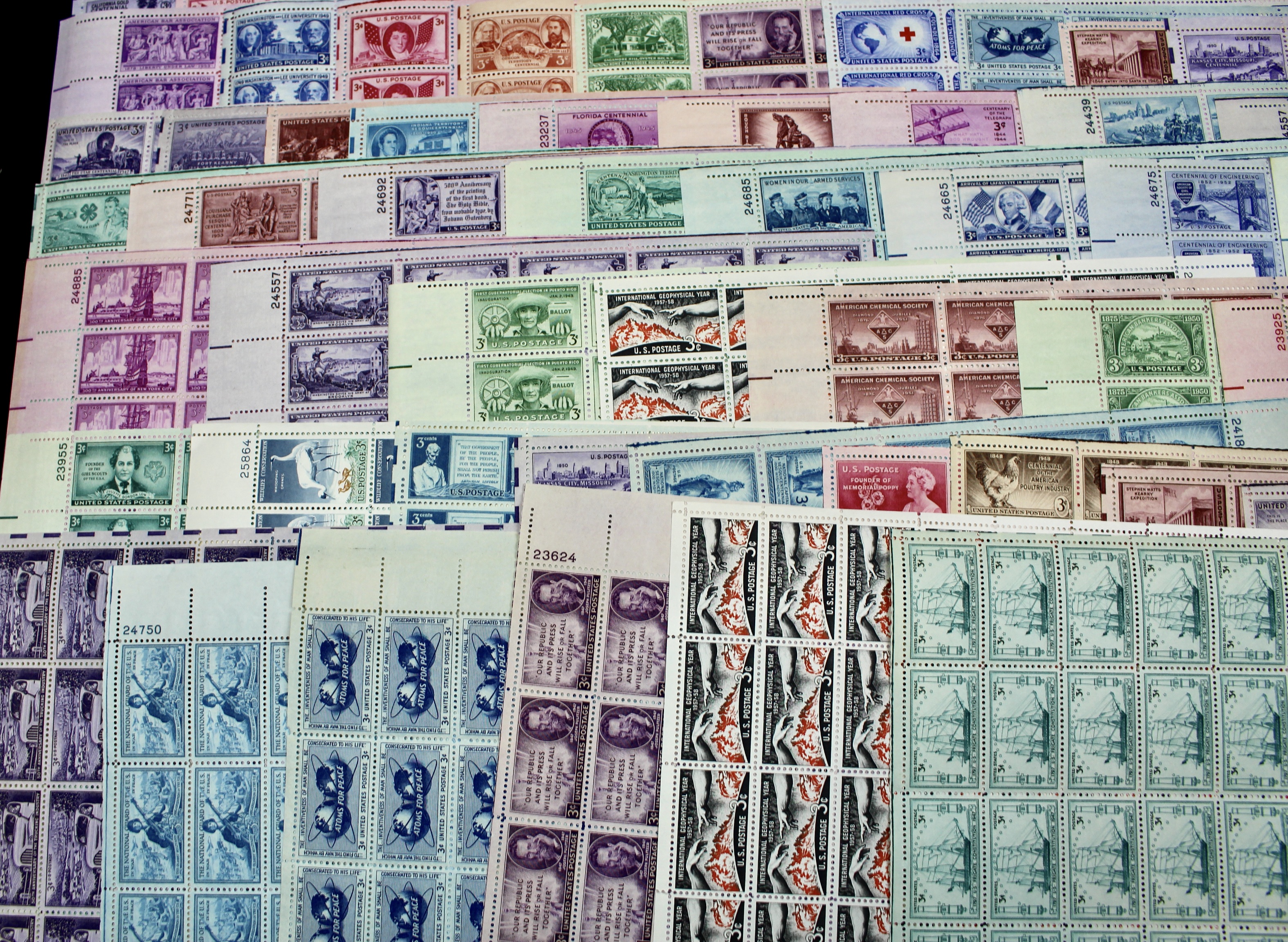 Eighty-Five U.S. 3-Cent Postage Stamp Sheets, 1940s and 1950s