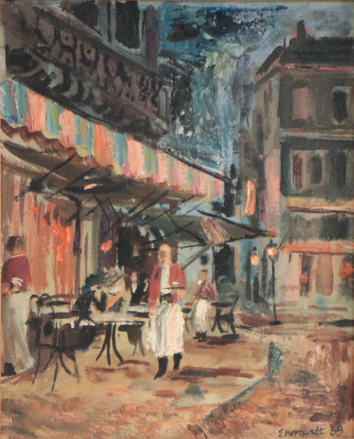 Street Cafe Oil Painting, 1958