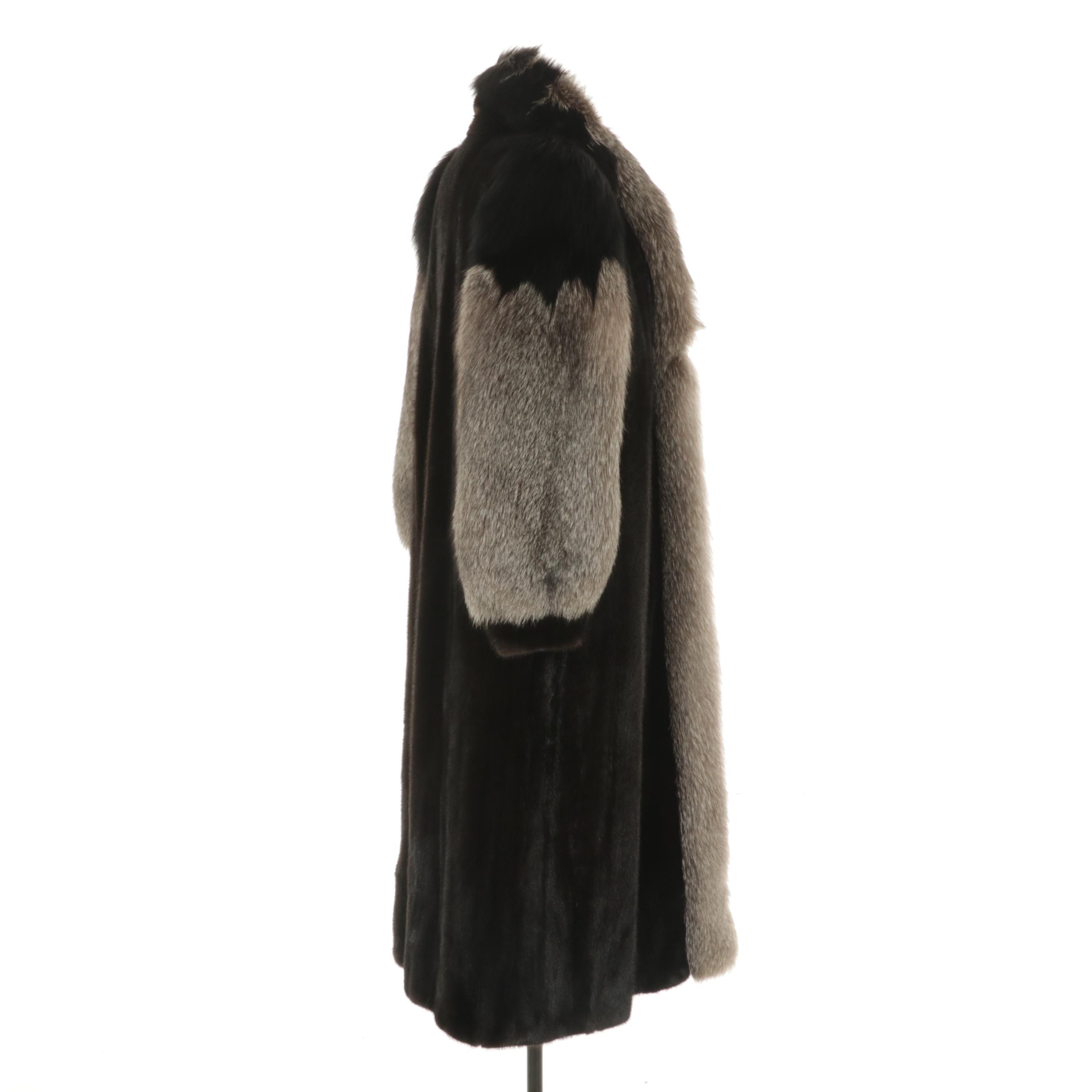 Mink Fur Full-Length Coat with Platinum Fox Fur Trim
