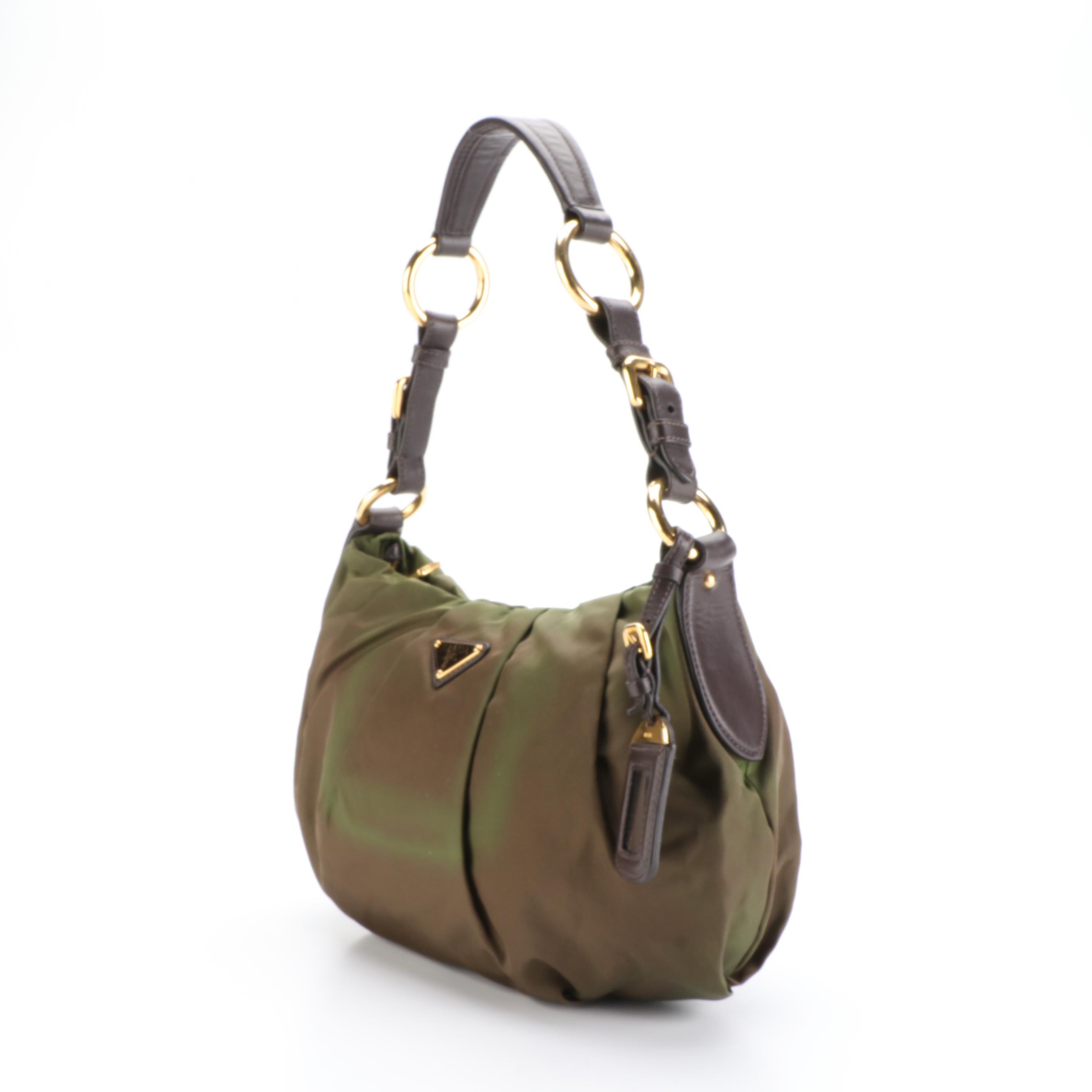 Prada Small Zip Shoulder Bag in Nylon Gabardine and Brown Leather