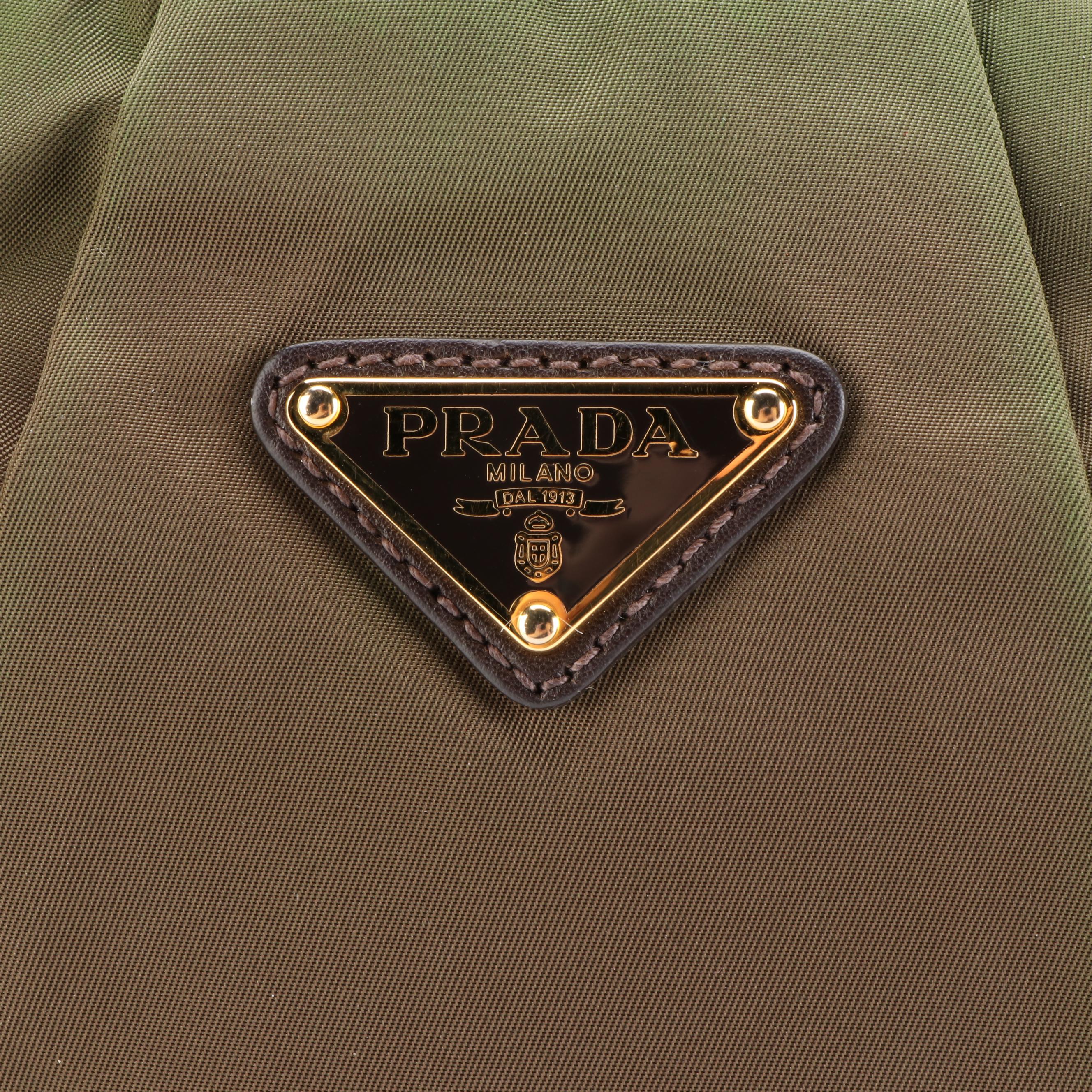 Prada Small Zip Shoulder Bag in Nylon Gabardine and Brown Leather