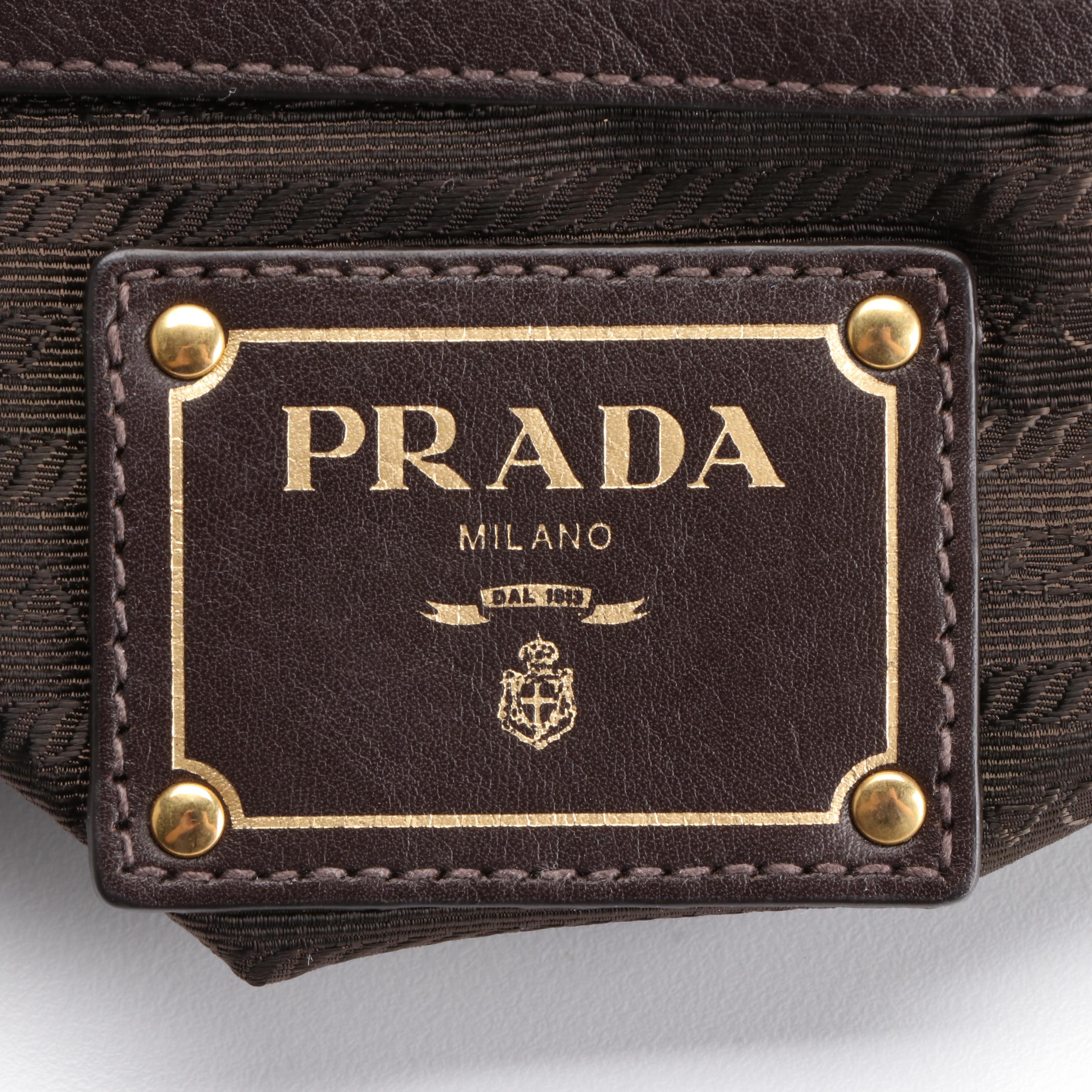 Prada Small Zip Shoulder Bag in Nylon Gabardine and Brown Leather