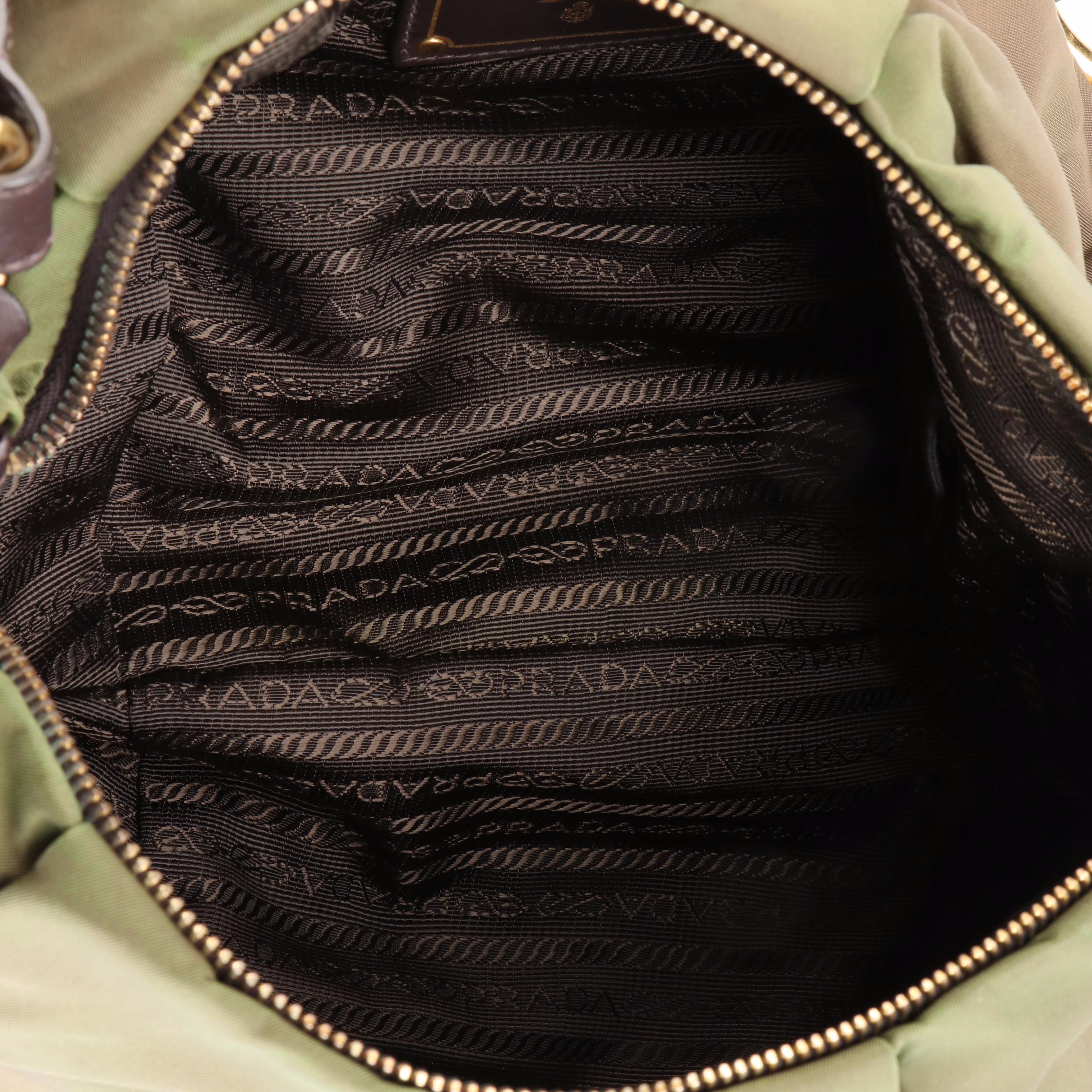 Prada Small Zip Shoulder Bag in Nylon Gabardine and Brown Leather