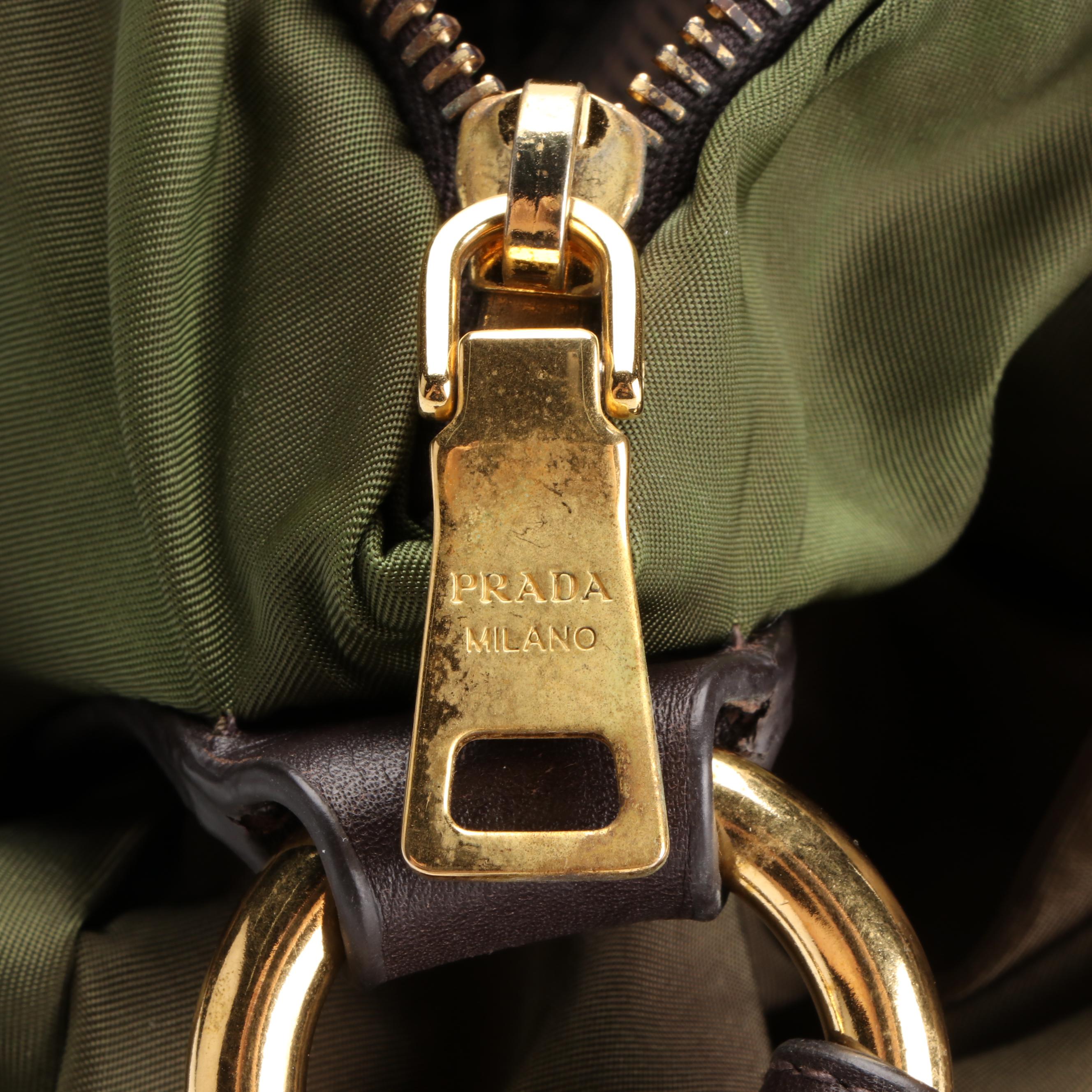 Prada Small Zip Shoulder Bag in Nylon Gabardine and Brown Leather