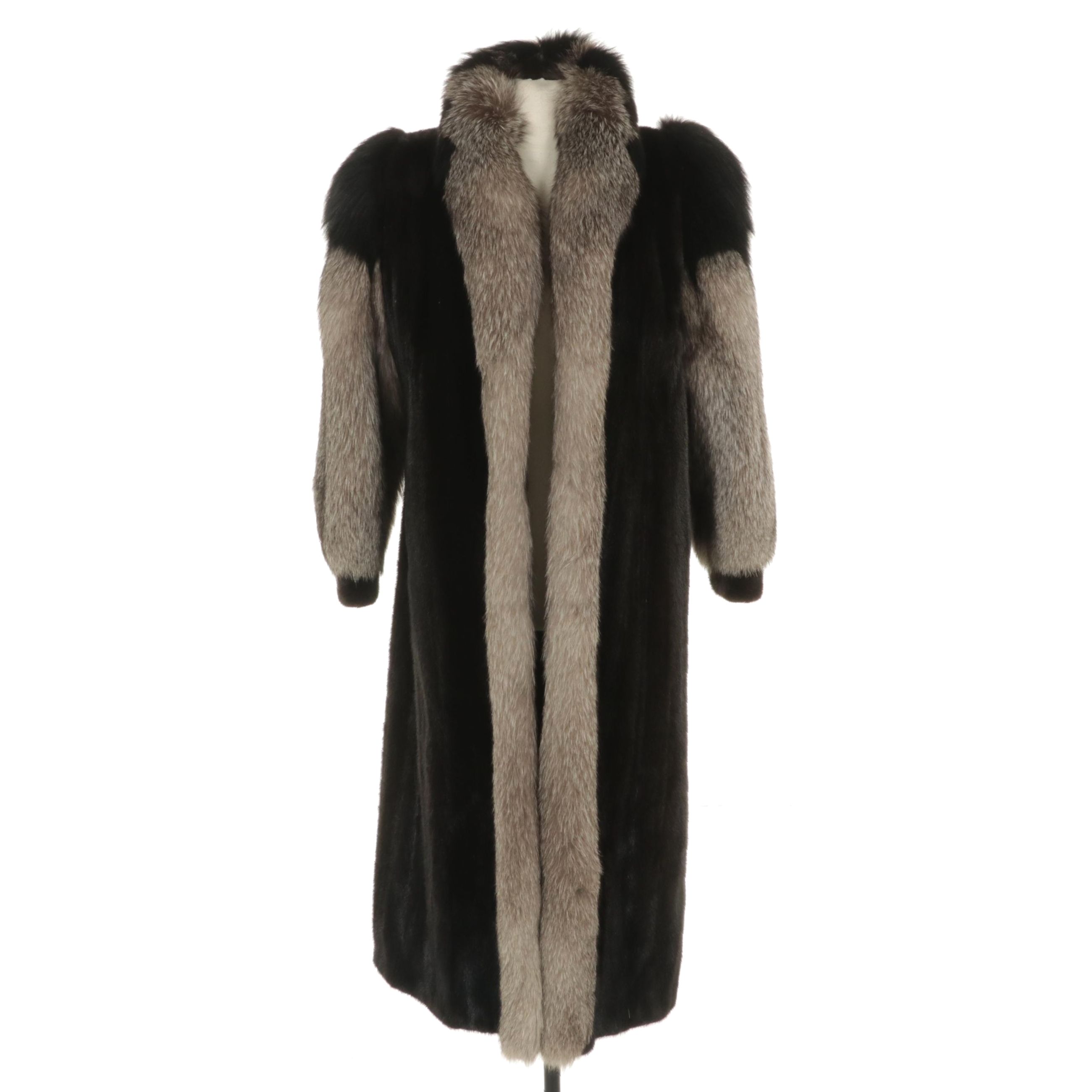 Mink Fur Full-Length Coat with Platinum Fox Fur Trim