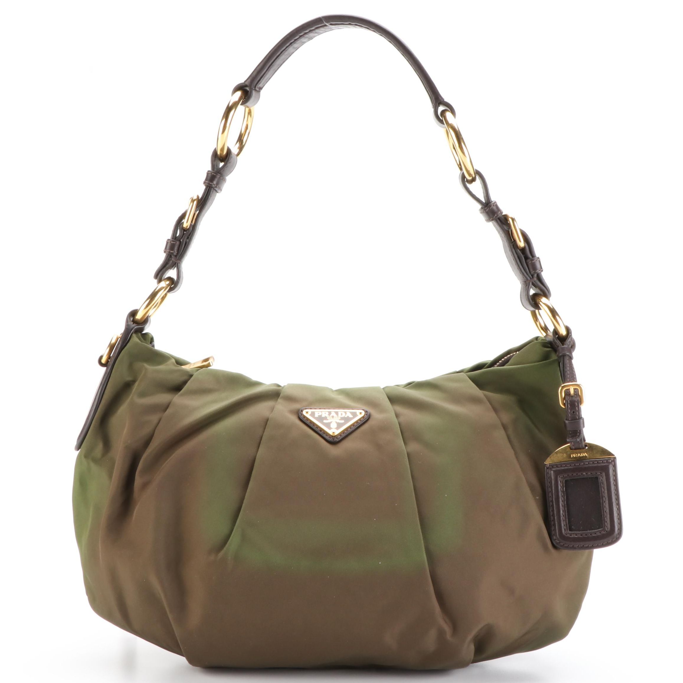 Prada Small Zip Shoulder Bag in Nylon Gabardine and Brown Leather