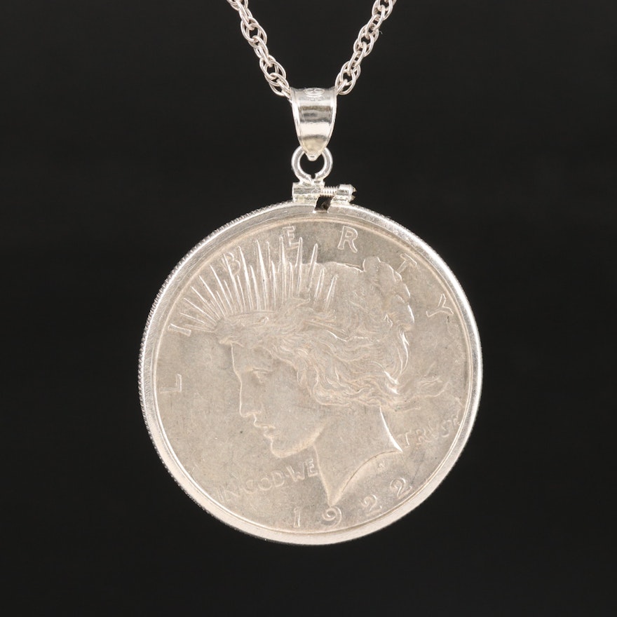 1922 Peace Silver Dollar Pendant on Rope Chain Necklace