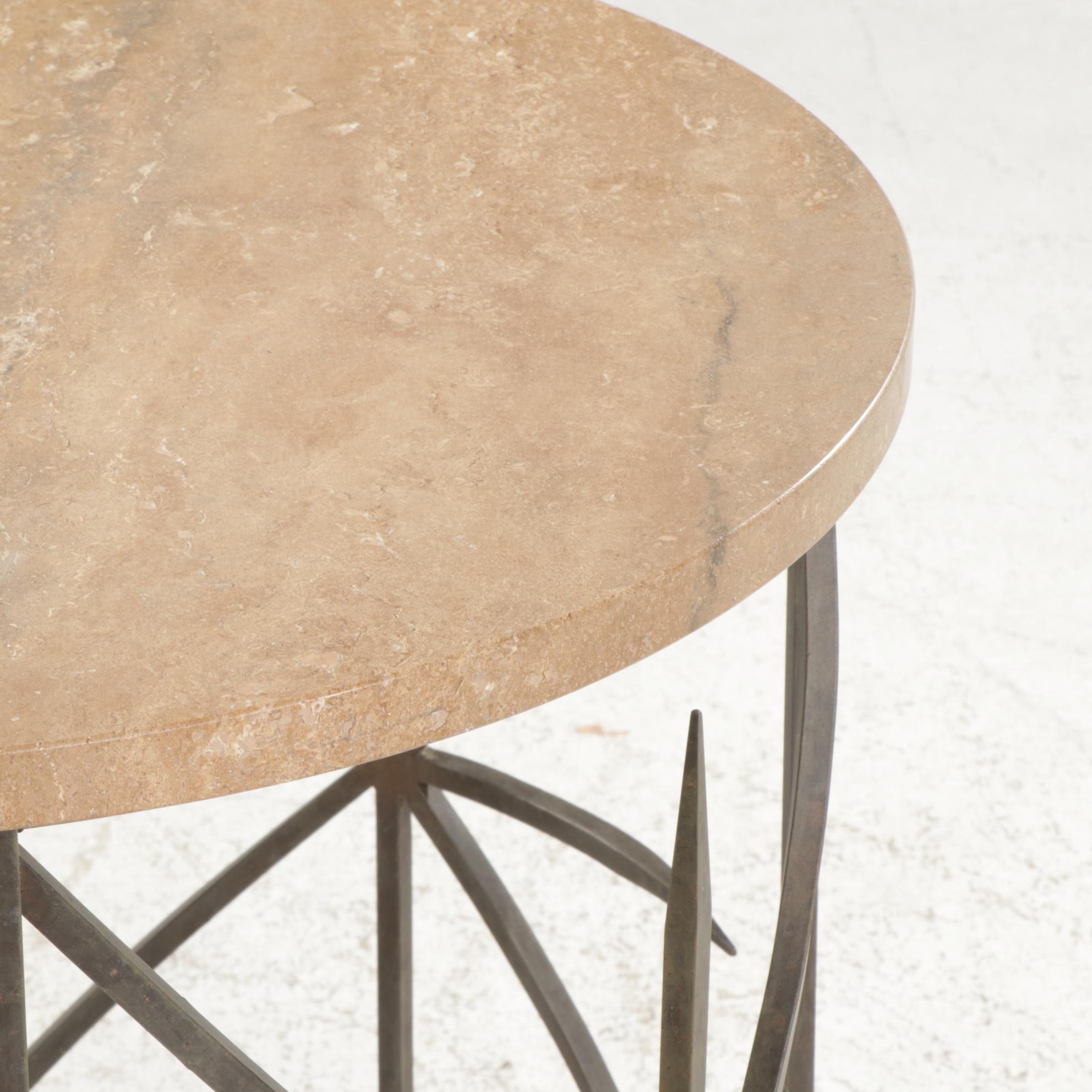 Contemporary Round Marble-Top Metal Frame Side Table