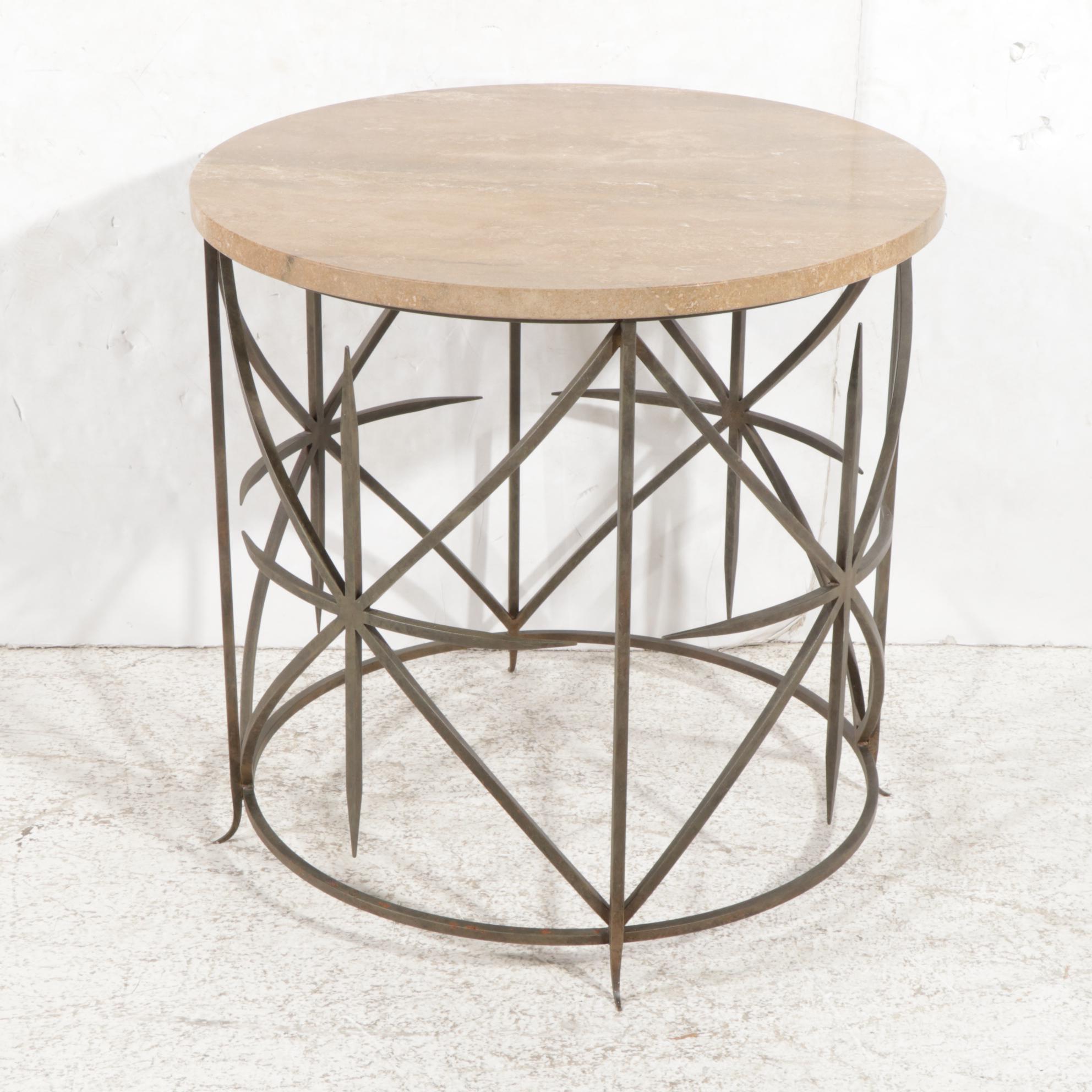 Contemporary Round Marble-Top Metal Frame Side Table