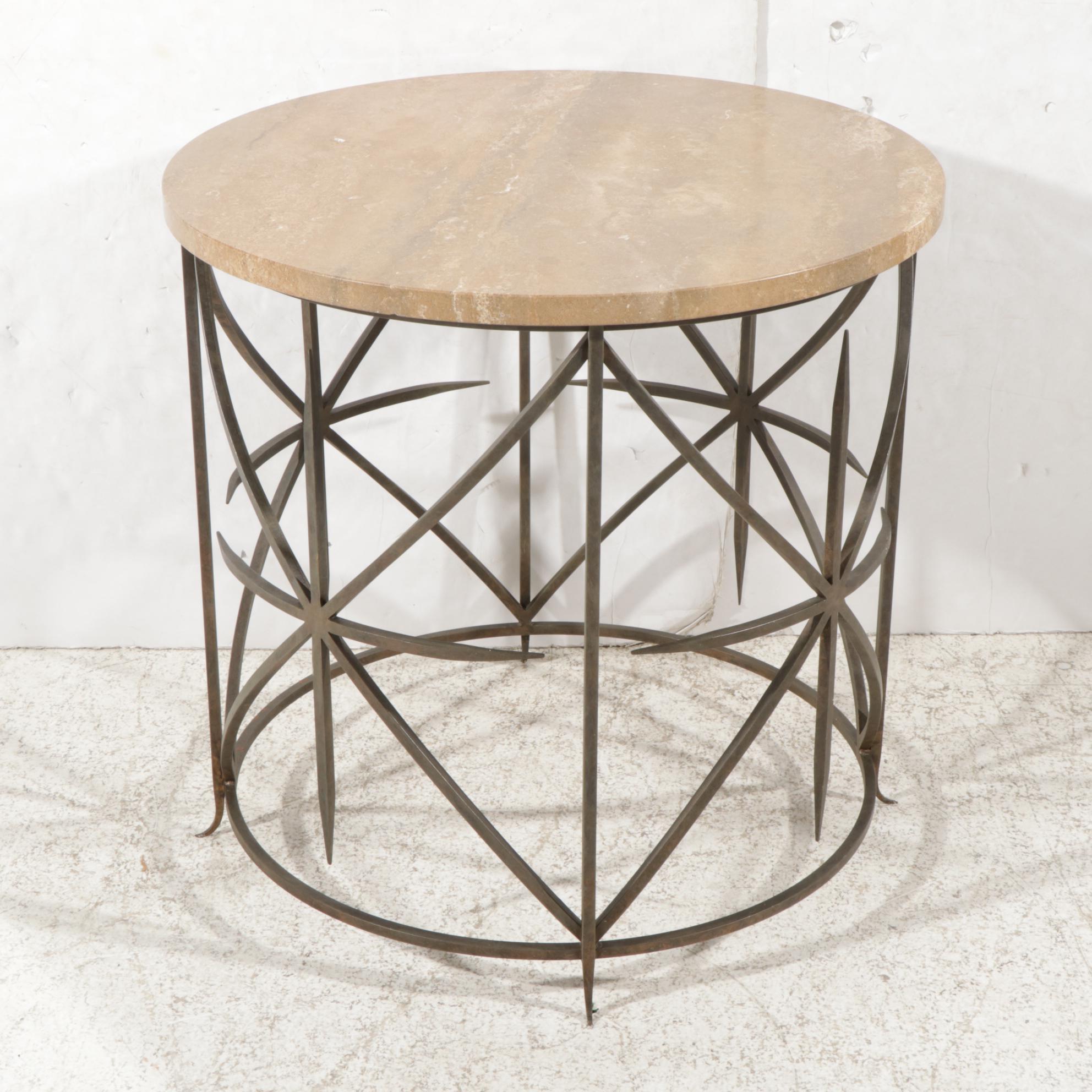 Contemporary Round Marble-Top Metal Frame Side Table