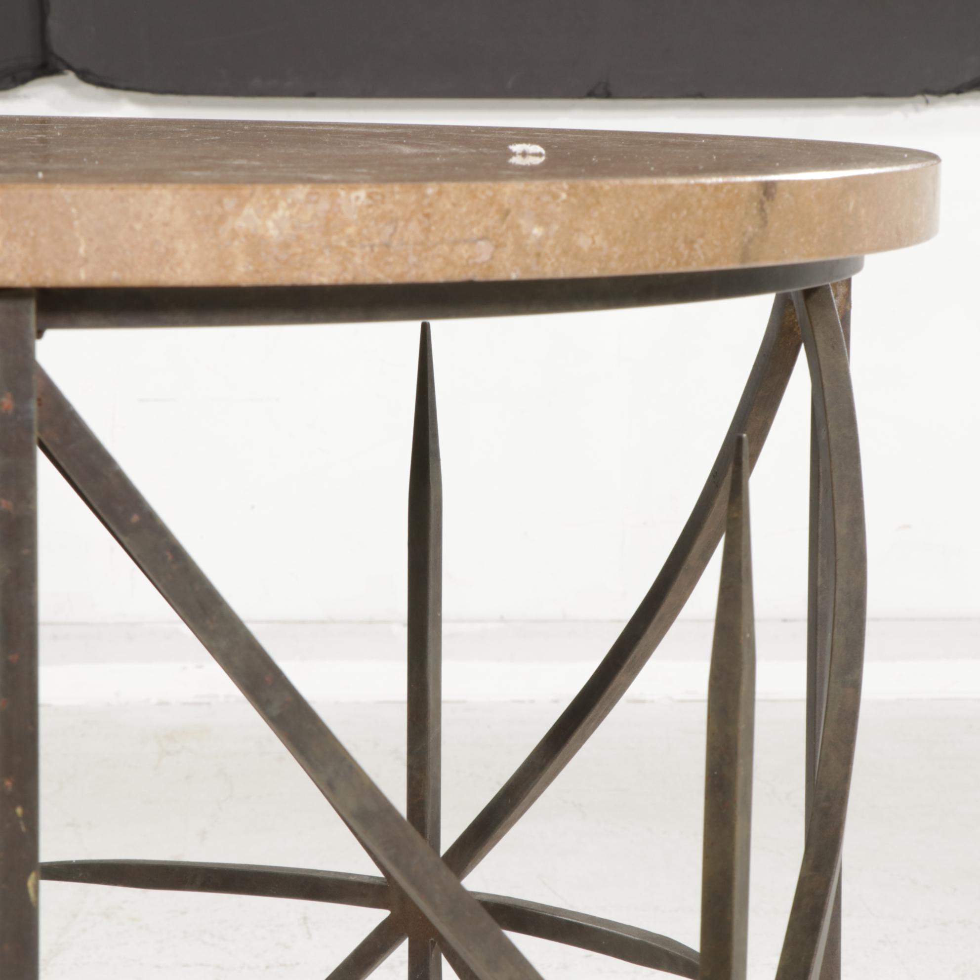Contemporary Round Marble-Top Metal Frame Side Table