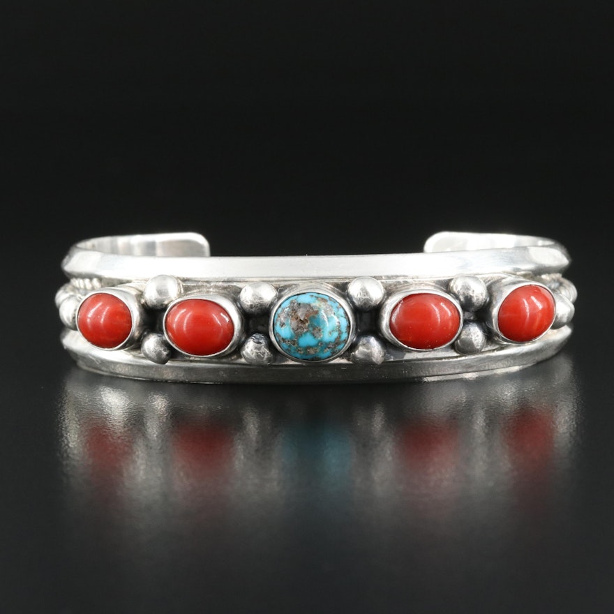 Atkinson's Trading Post Sterling Turquoise and Coral Cuff Bracelet