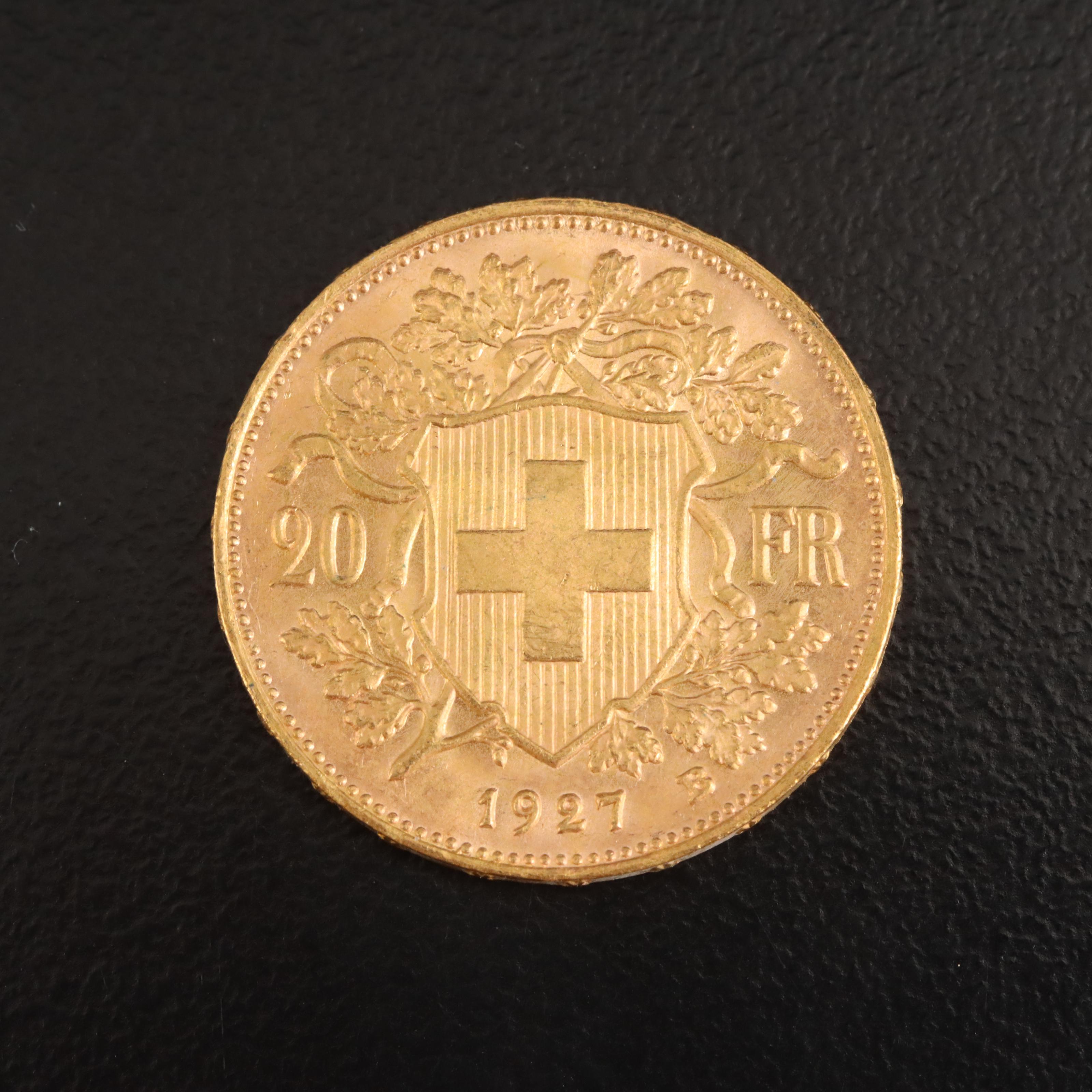 1927 B Switzerland Twenty Francs Gold Coin