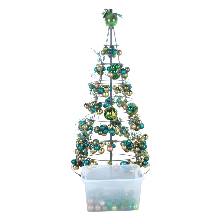 Tiered Metal Tree with Teal, Green, and Gold Plastic Ornaments