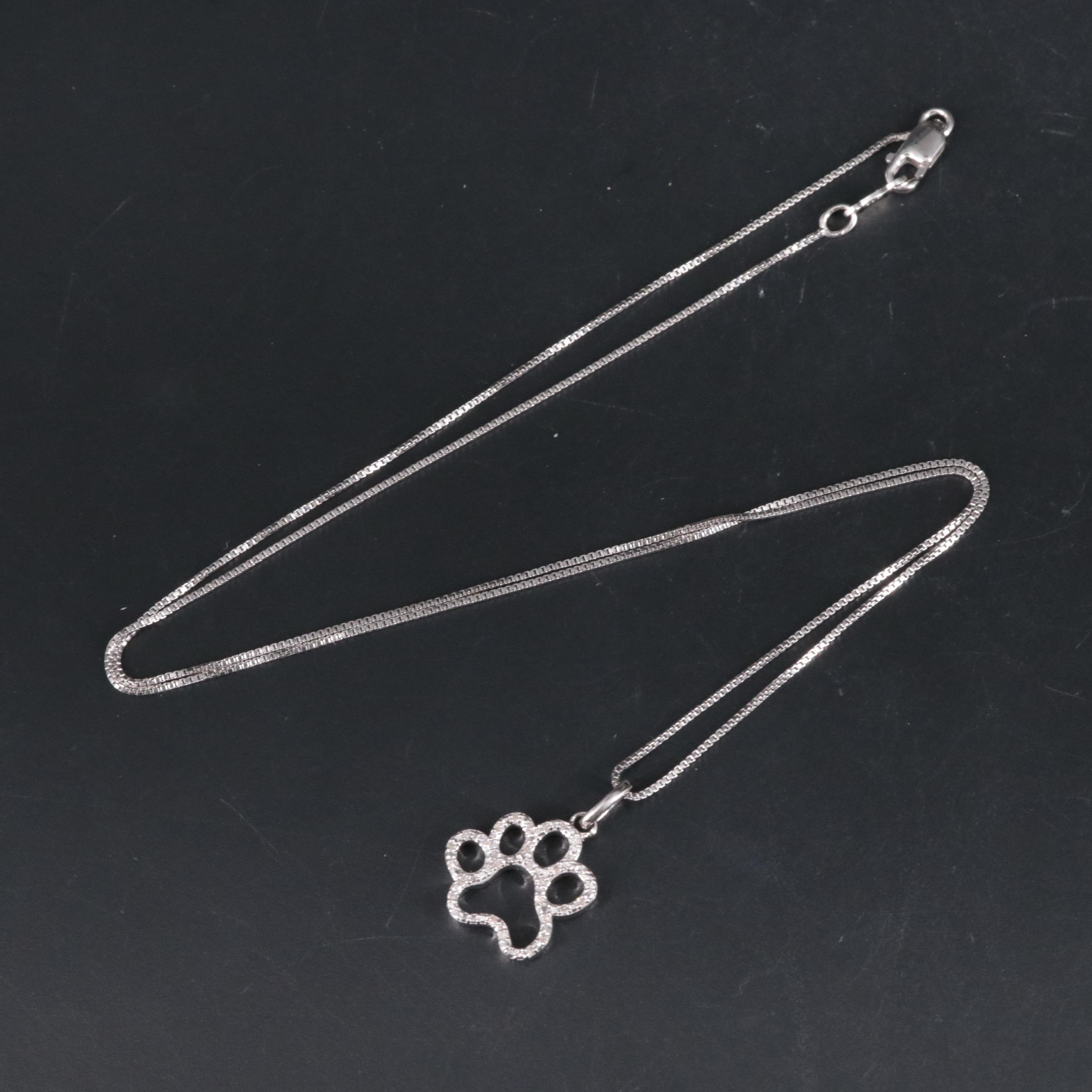 Sterling Diamond Paw Print Box Chain Necklace