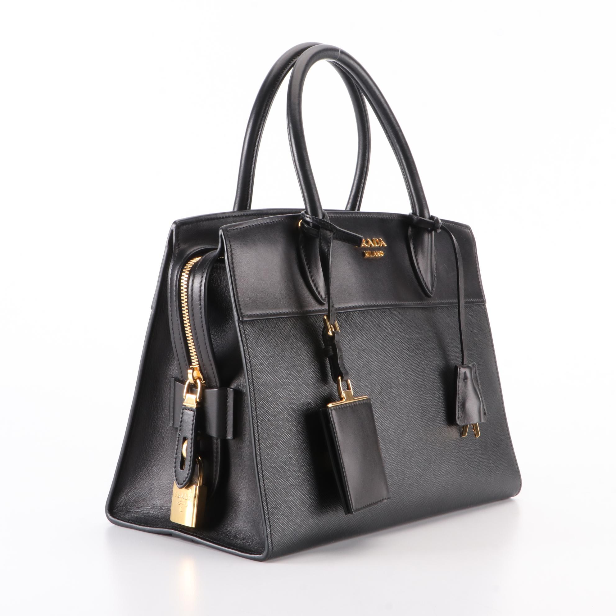 Prada Small Esplanade Tote in Black Calfskin and Saffiano Leather