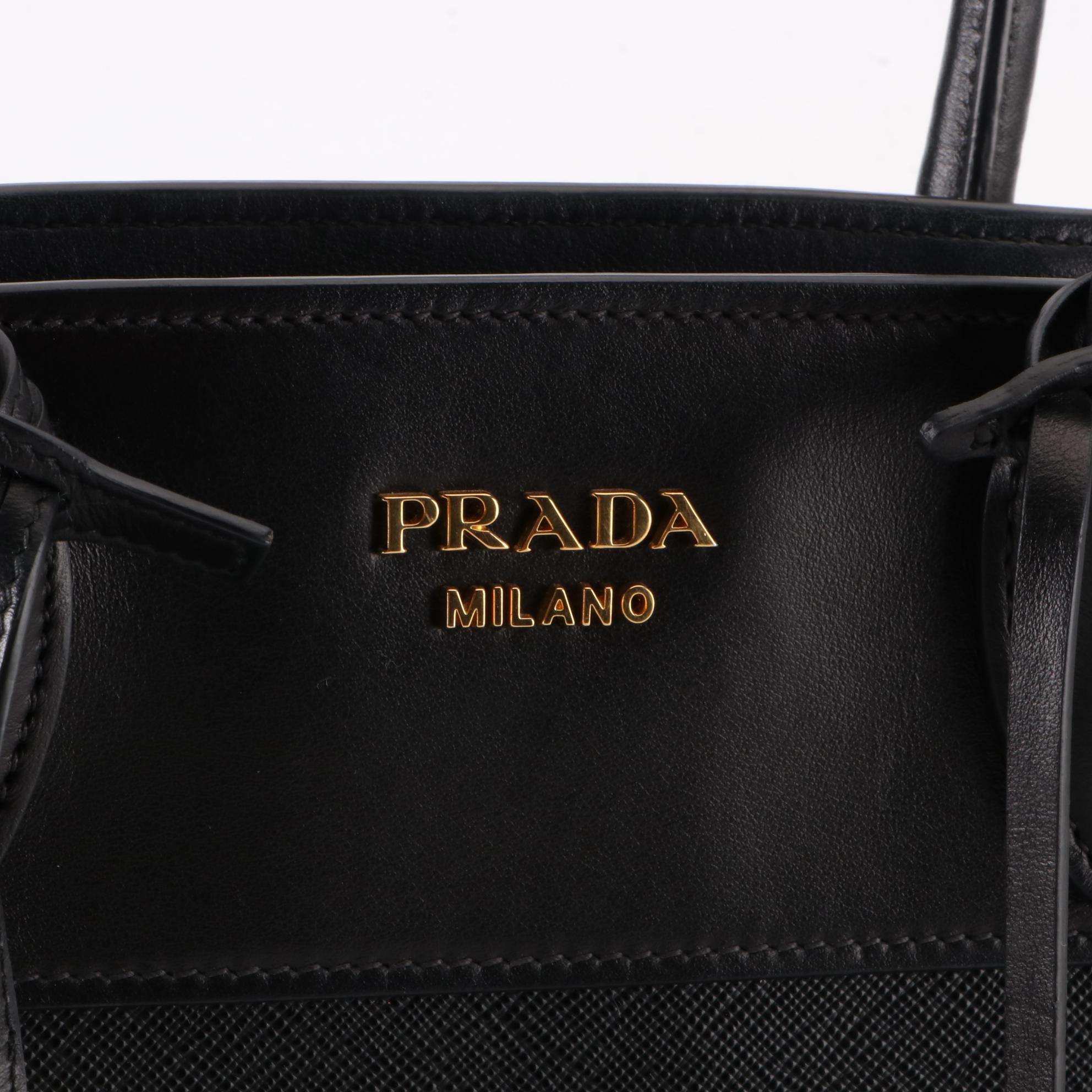 Prada Small Esplanade Tote in Black Calfskin and Saffiano Leather
