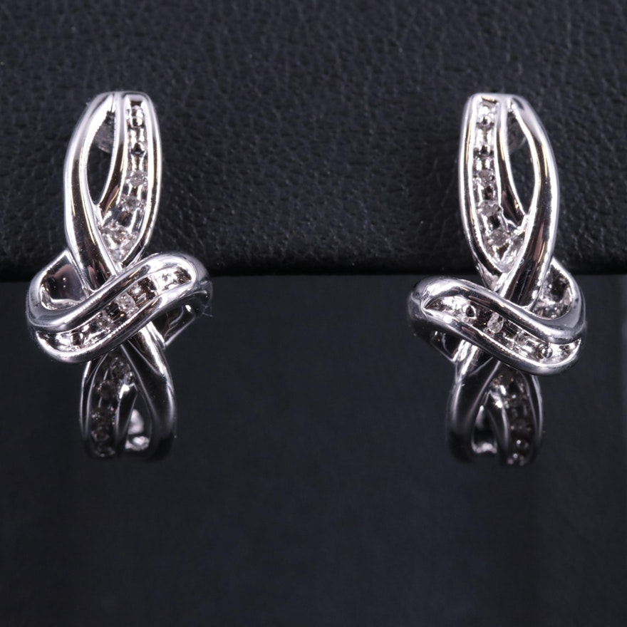 Sterling Diamond Woven J Hoop Earrings