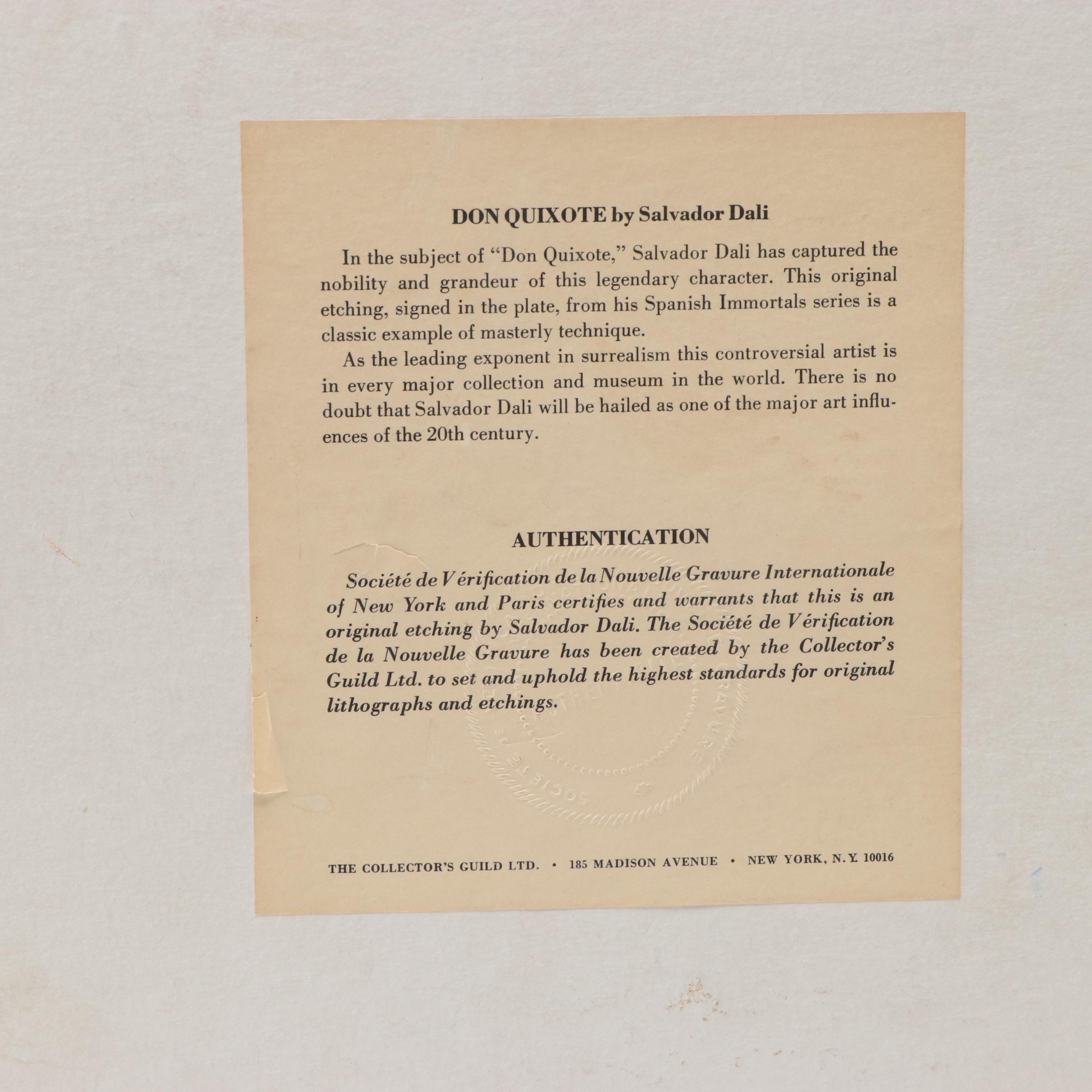 Salvador Dalí Second Edition Restrike Etching "Don Quixote"