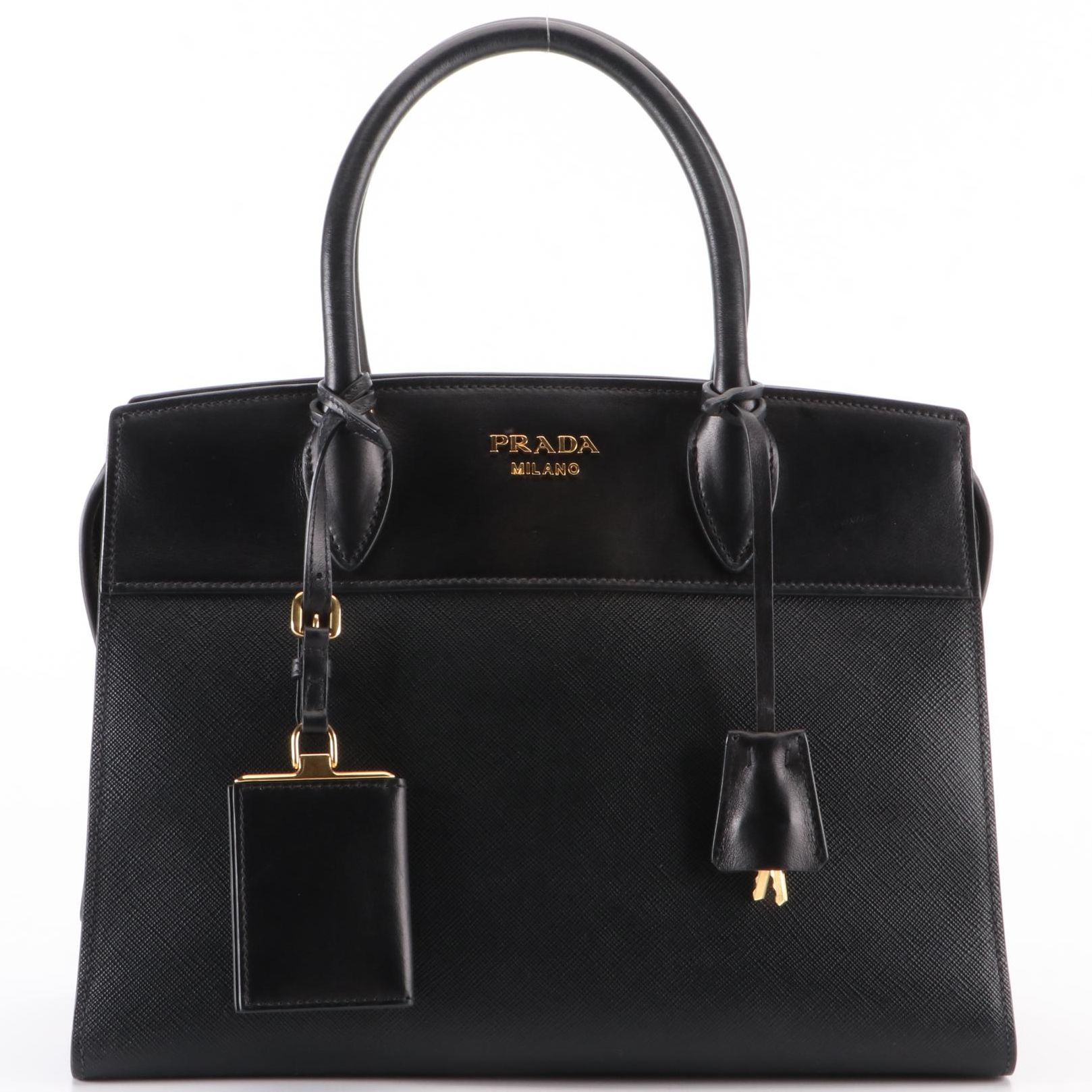 Prada Small Esplanade Tote in Black Calfskin and Saffiano Leather