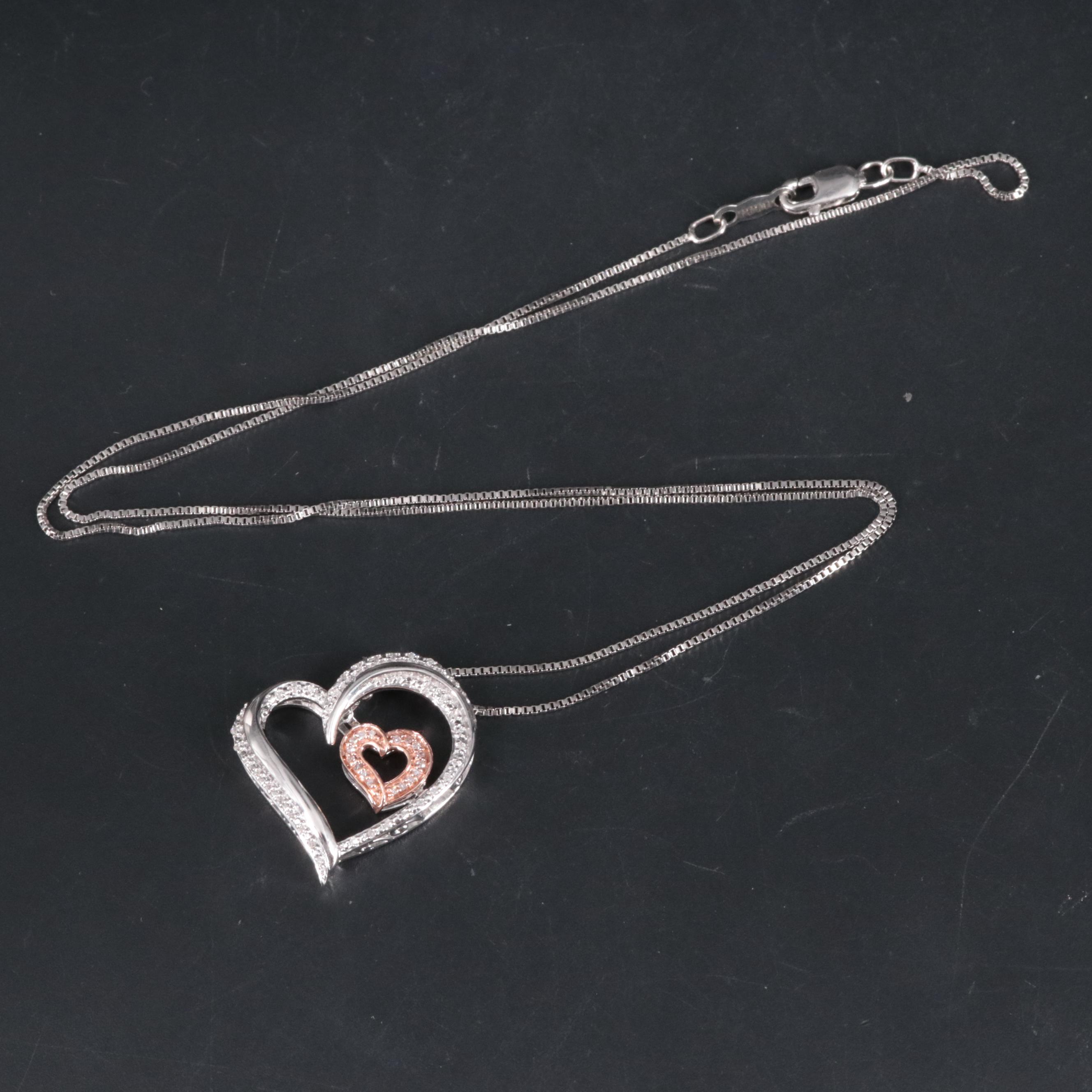 Sterling Diamond Heart Pendant on Box Chain