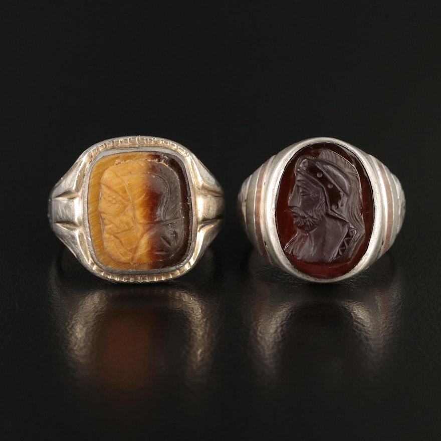 Sterling Tiger's Eye and Sard Cameo Rings with 10K Accents