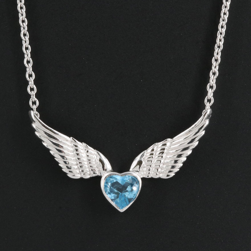 Sterling Swiss Blue Topaz Winged Heart Pendant Necklace