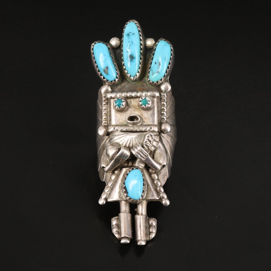 Southwestern Artisan Signed Sterling Turquoise Kachina Ring