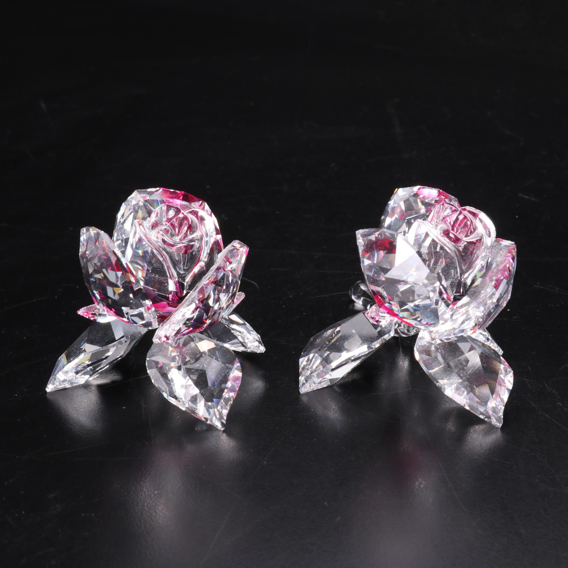 Pair of Swarovski Crystal Rose Figurines