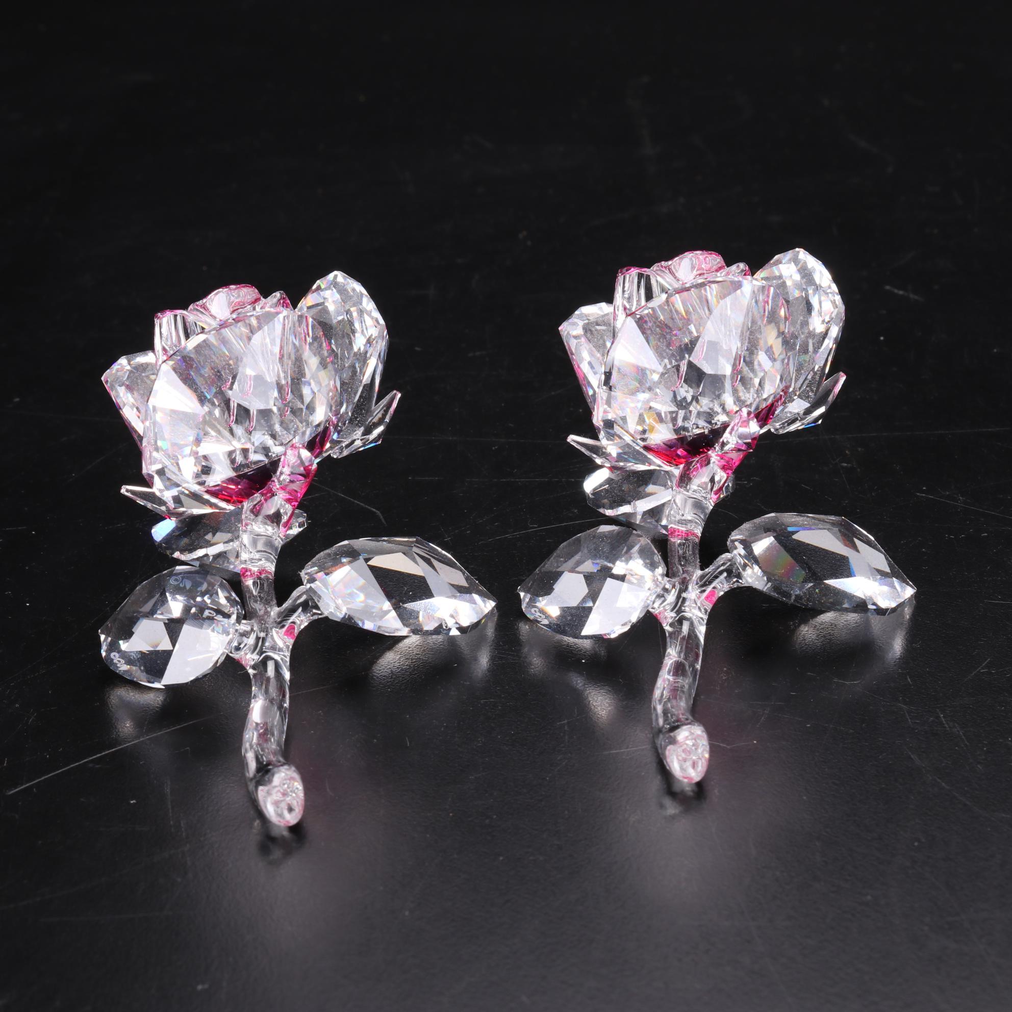 Pair of Swarovski Crystal Rose Figurines