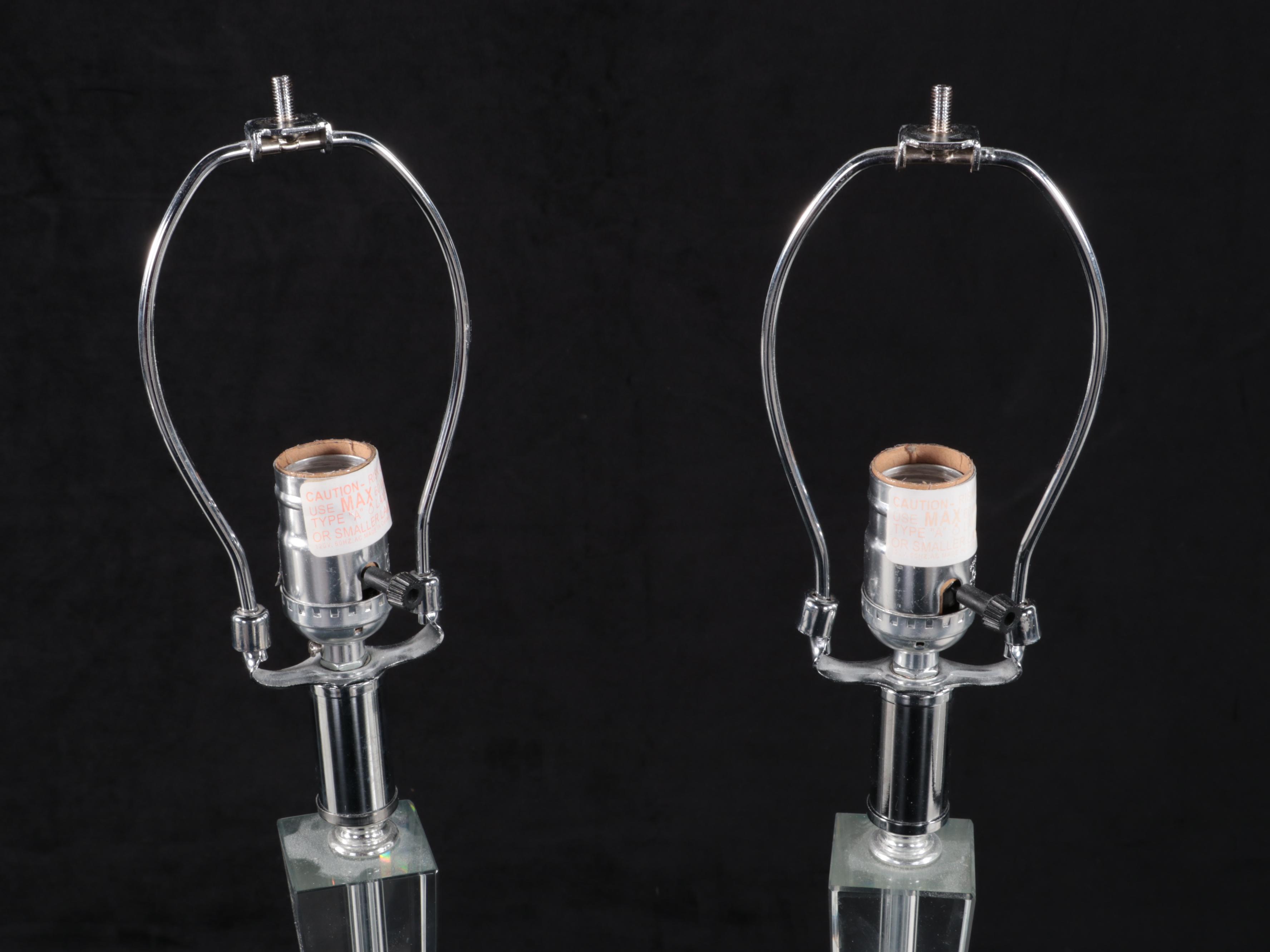 Pair of Cut Glass and Metal Table Lamps With Tailored Shades, Contemporary