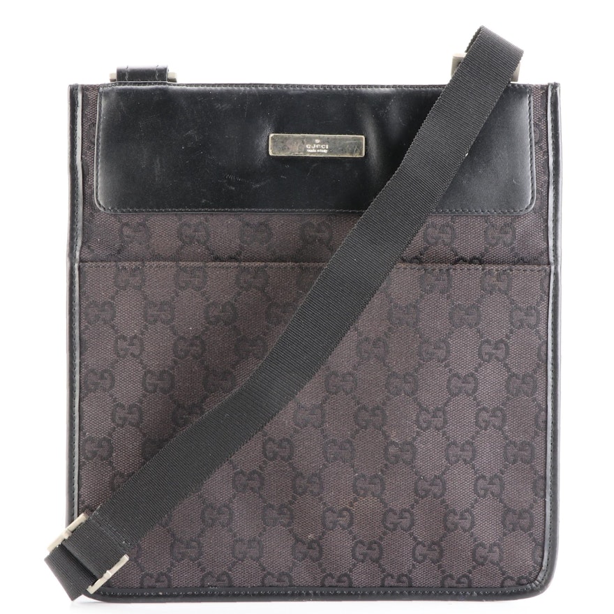 Gucci Flat Crossbody Bag in Black GG Canvas and Leather