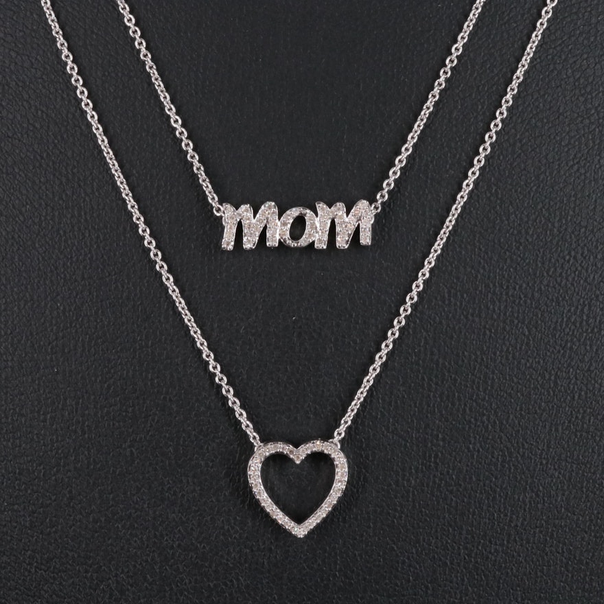 Sterling 0.21 CTW Diamond Mom and Heart Pendant Layered Necklace