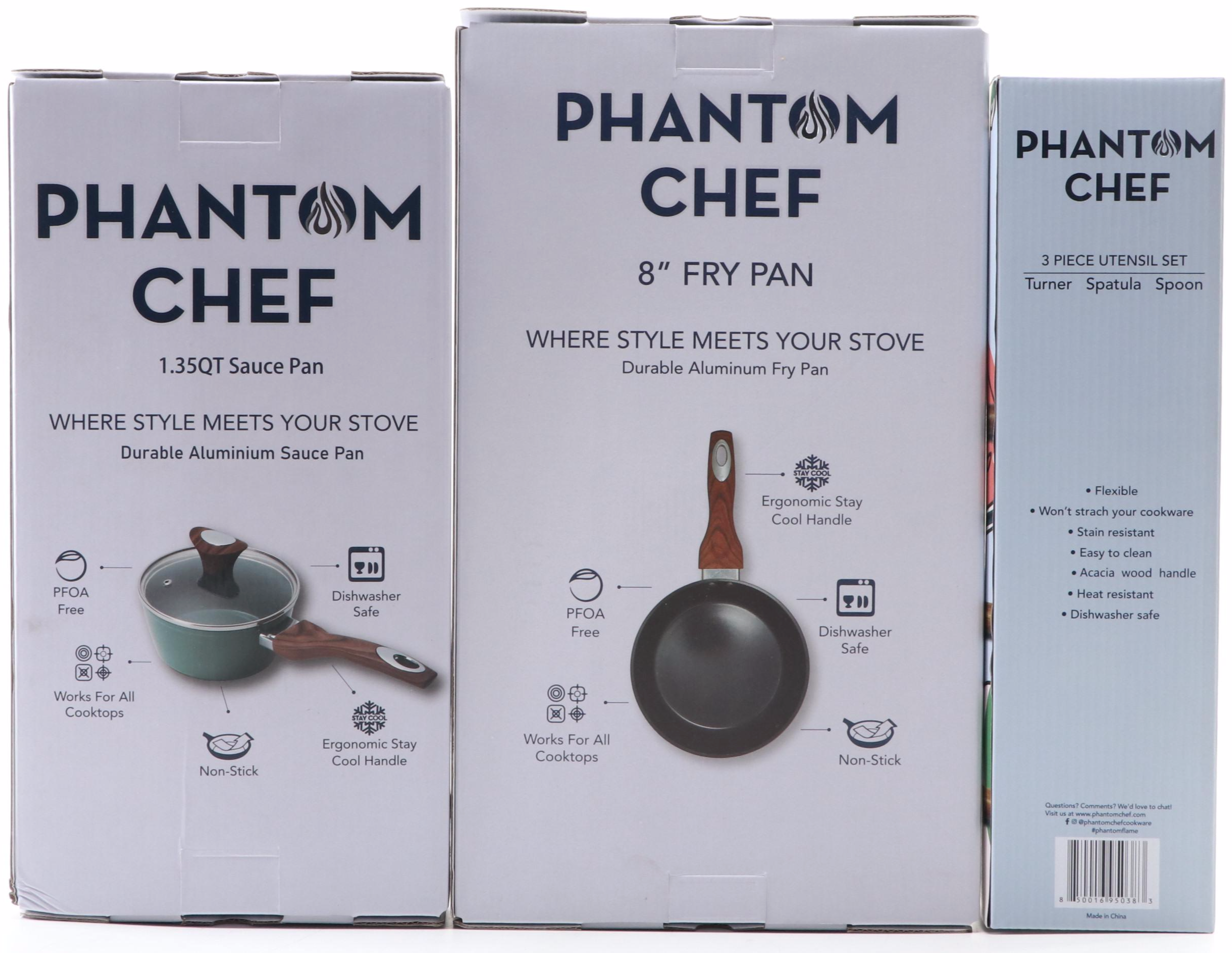 Phantom Chef Aluminum Fry Pans, Sauce Pan, Casserole and 3-Piece Utensil Set