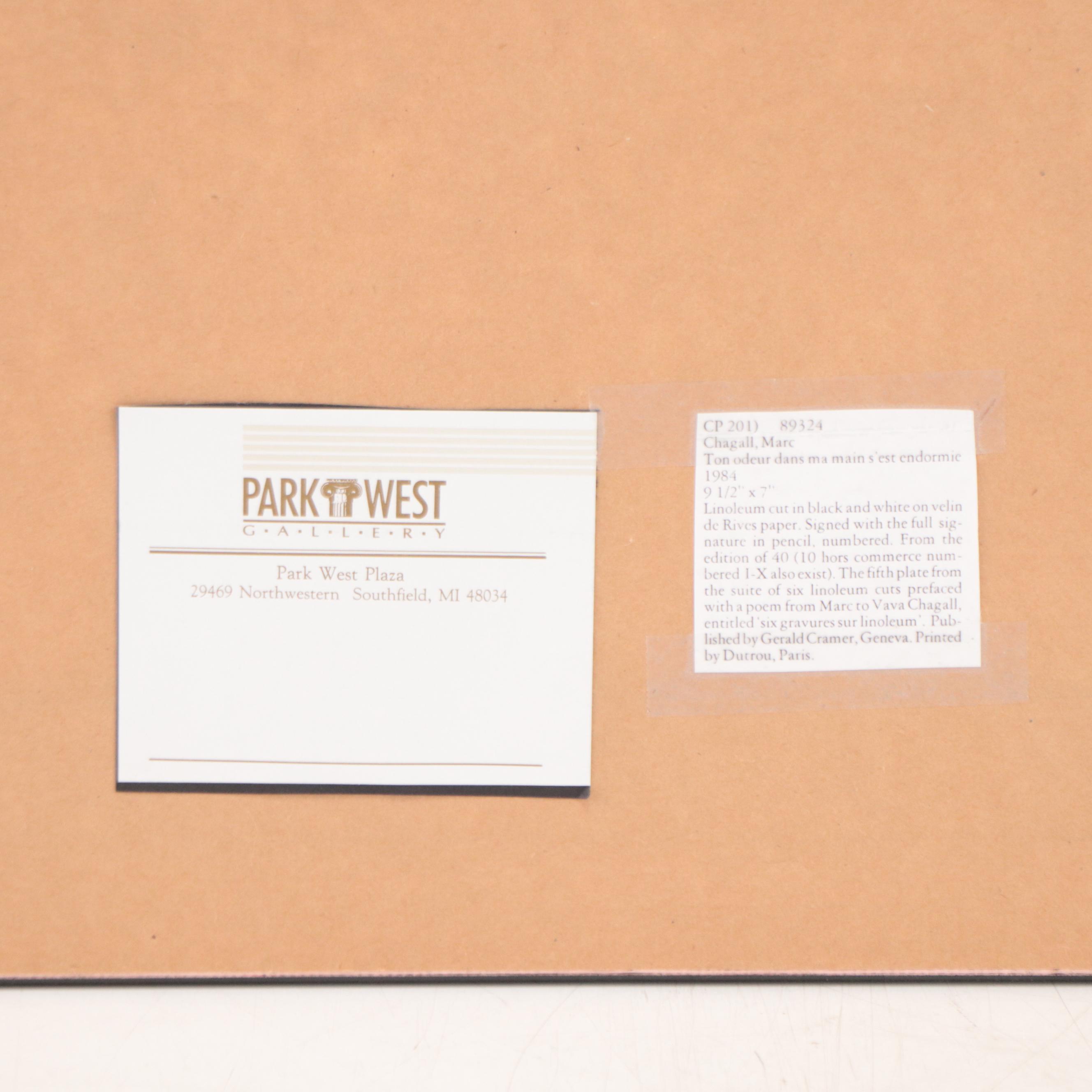 Marc Chagall Linoleum Cut "Ton Odeur Dans Ma Main Est' Endormie"